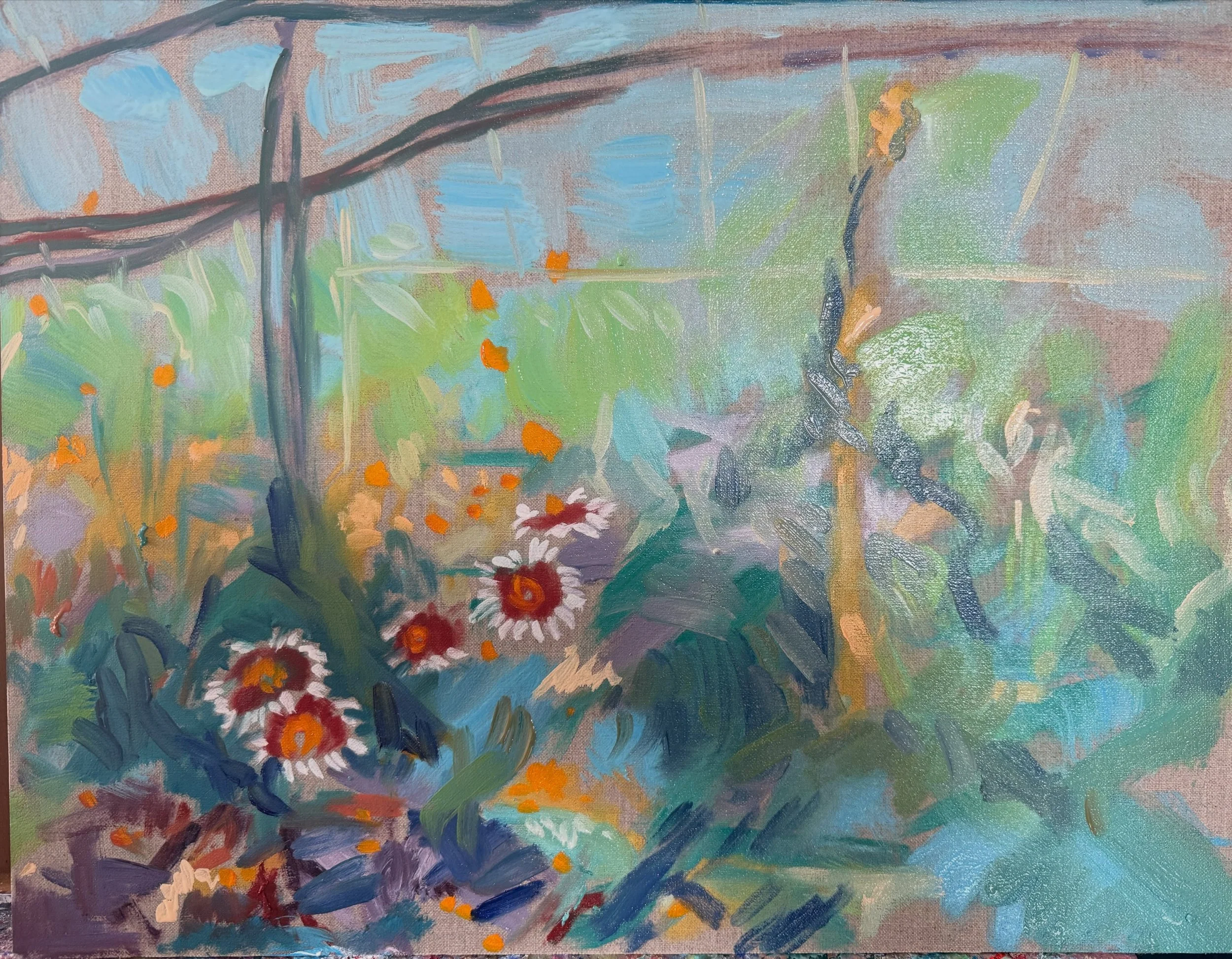 Something a bit joyous for a change, started after a weekend of chores. The start of a few small paintings of George&rsquo;s wonderful vinery at @bailiwickblue Sometimes there&rsquo;s just too much doom and gloom and flowers are simply necessary. Gar