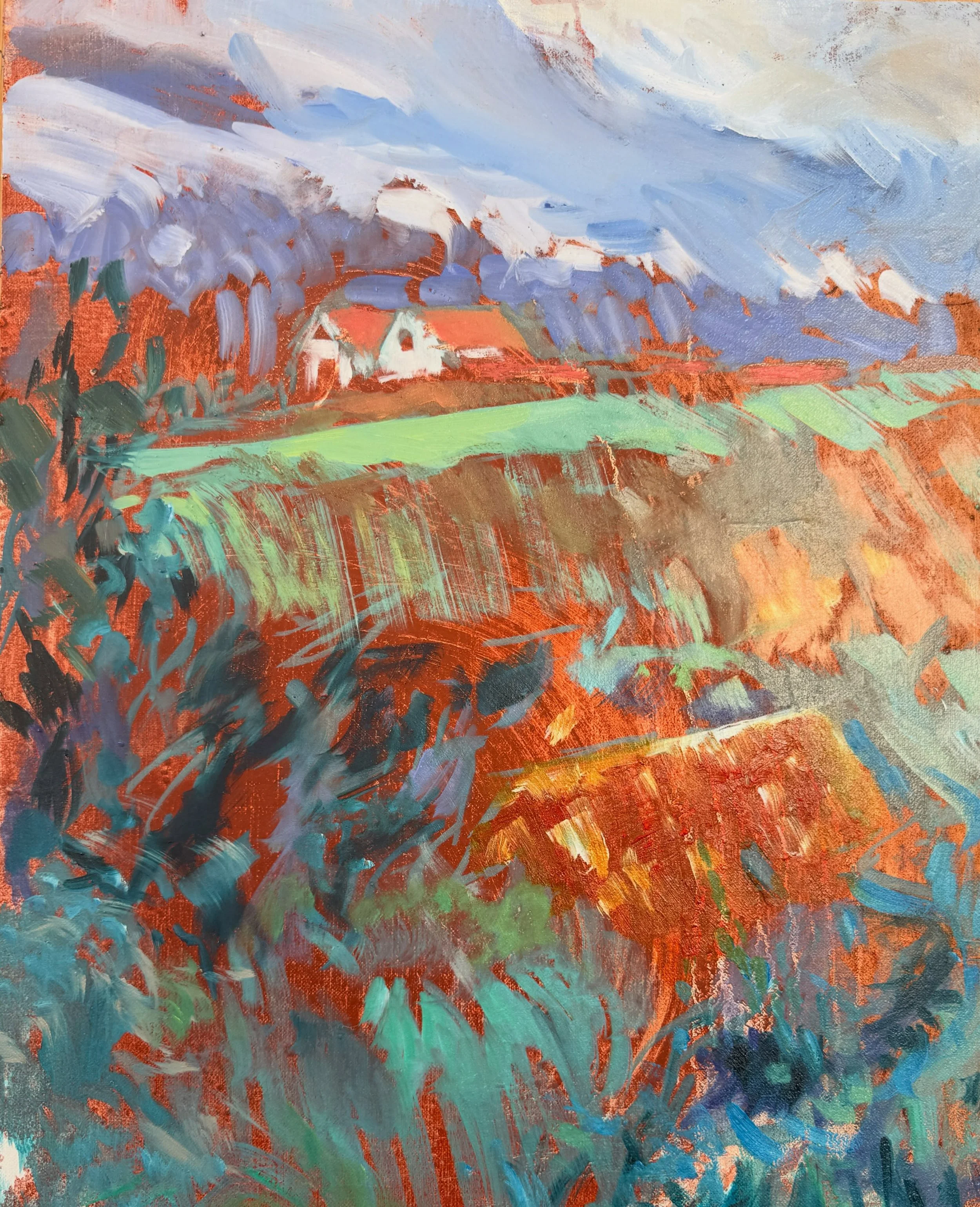 Underpainting. A view I&rsquo;ve come back to numerous times. It&rsquo;s a cunning trickster - the dips, spatial turns and distance that the valley holds amongst the saplings, hedges and evergreen pines have evaded me so far. Maybe in autumn rather t