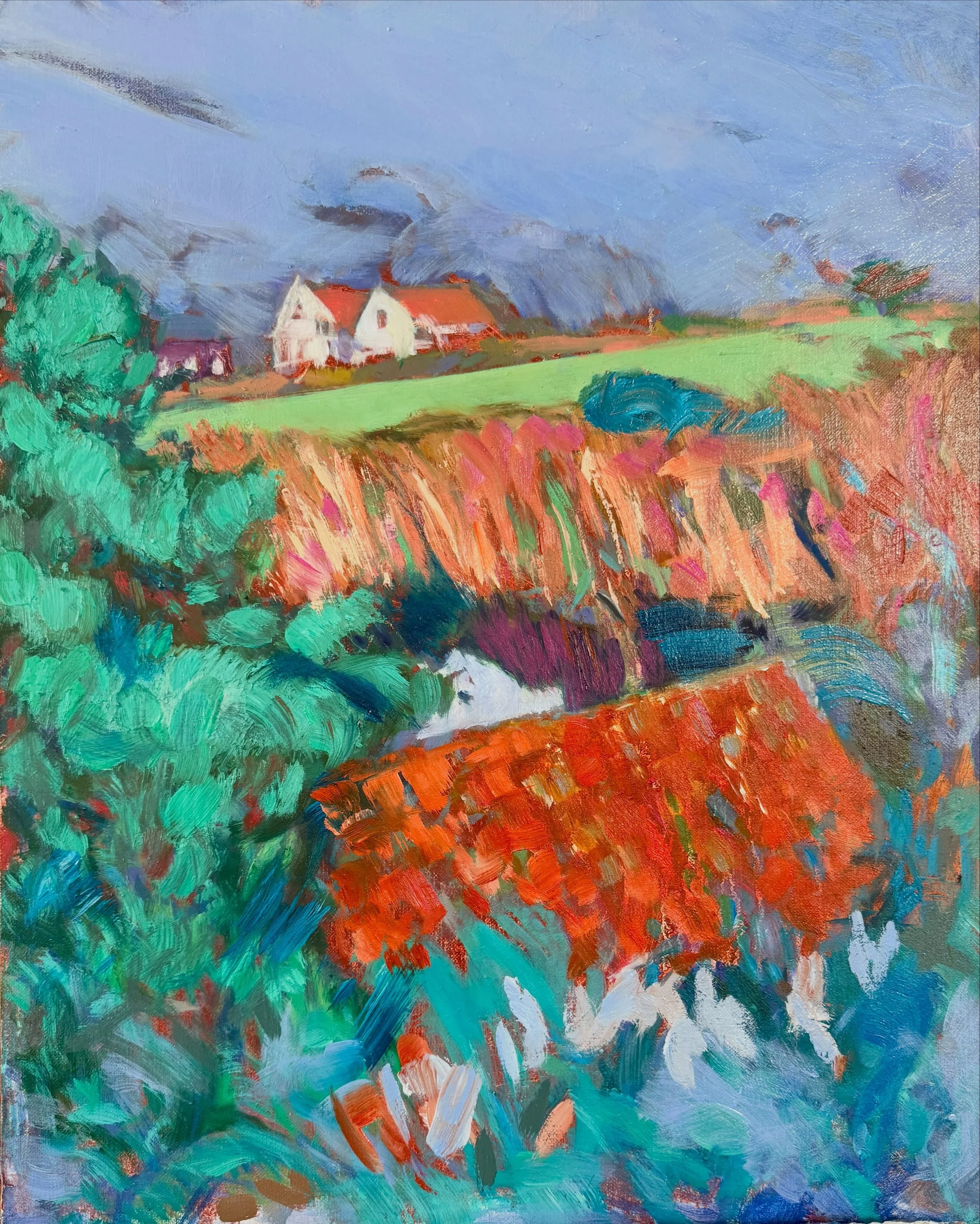 A small oil study showing the pan tiled and slate cottage roofs built by our ancestors which sit immersed in the shaded wooded valleys in Torteval.  On the headland above, vast new houses spring up dwarfing their neighbours&rsquo; properties.