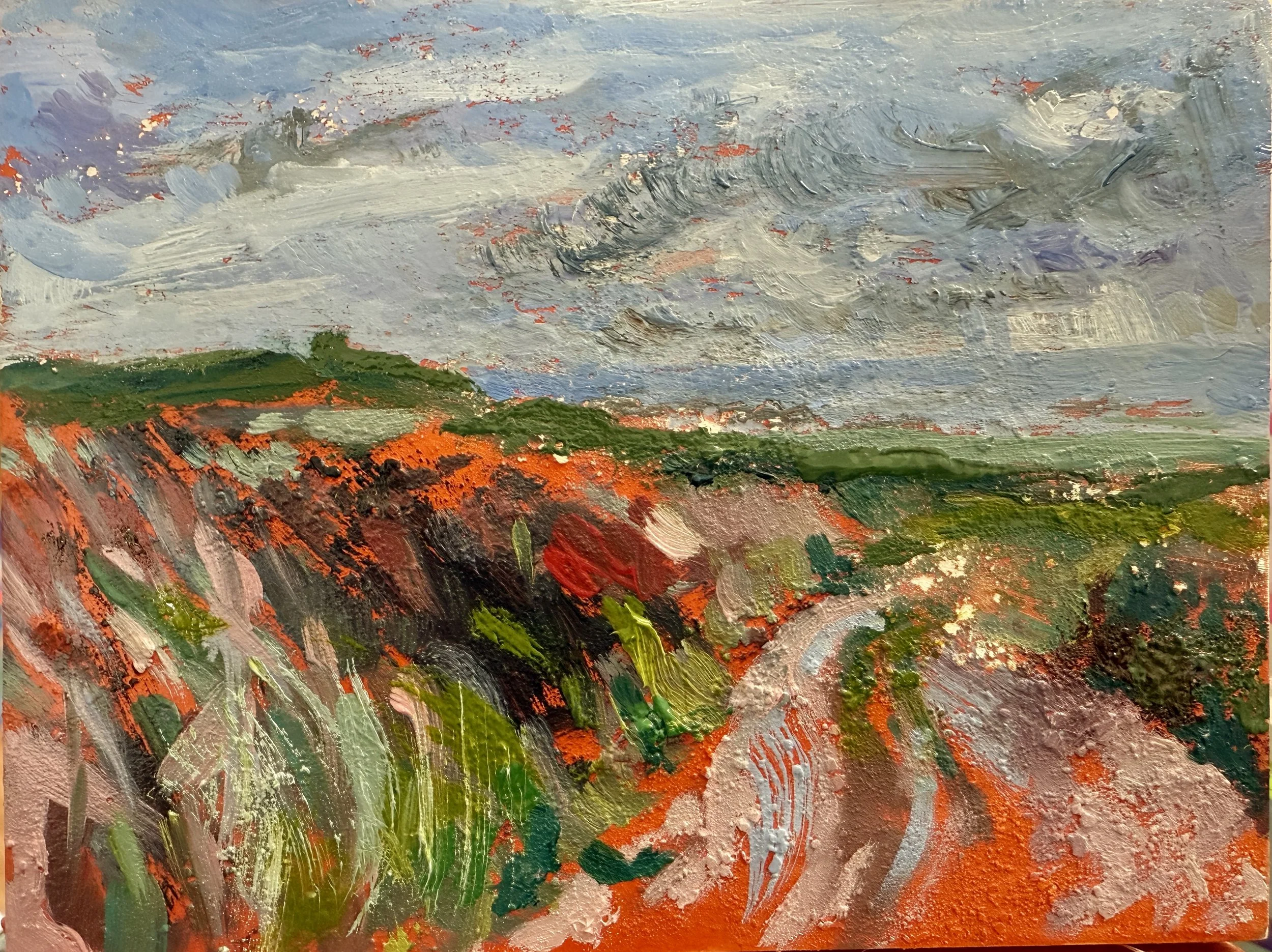 Track to Headland overlooking Mont Herault Watch Tower, oil and oyster shell on wooden raised panel, 15cm x 20cm 
