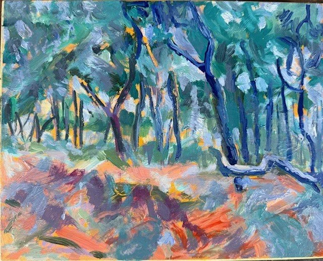 Pines at Le Guet, 2026, Oil on Copper, 23cm x 28.5cm, framed
