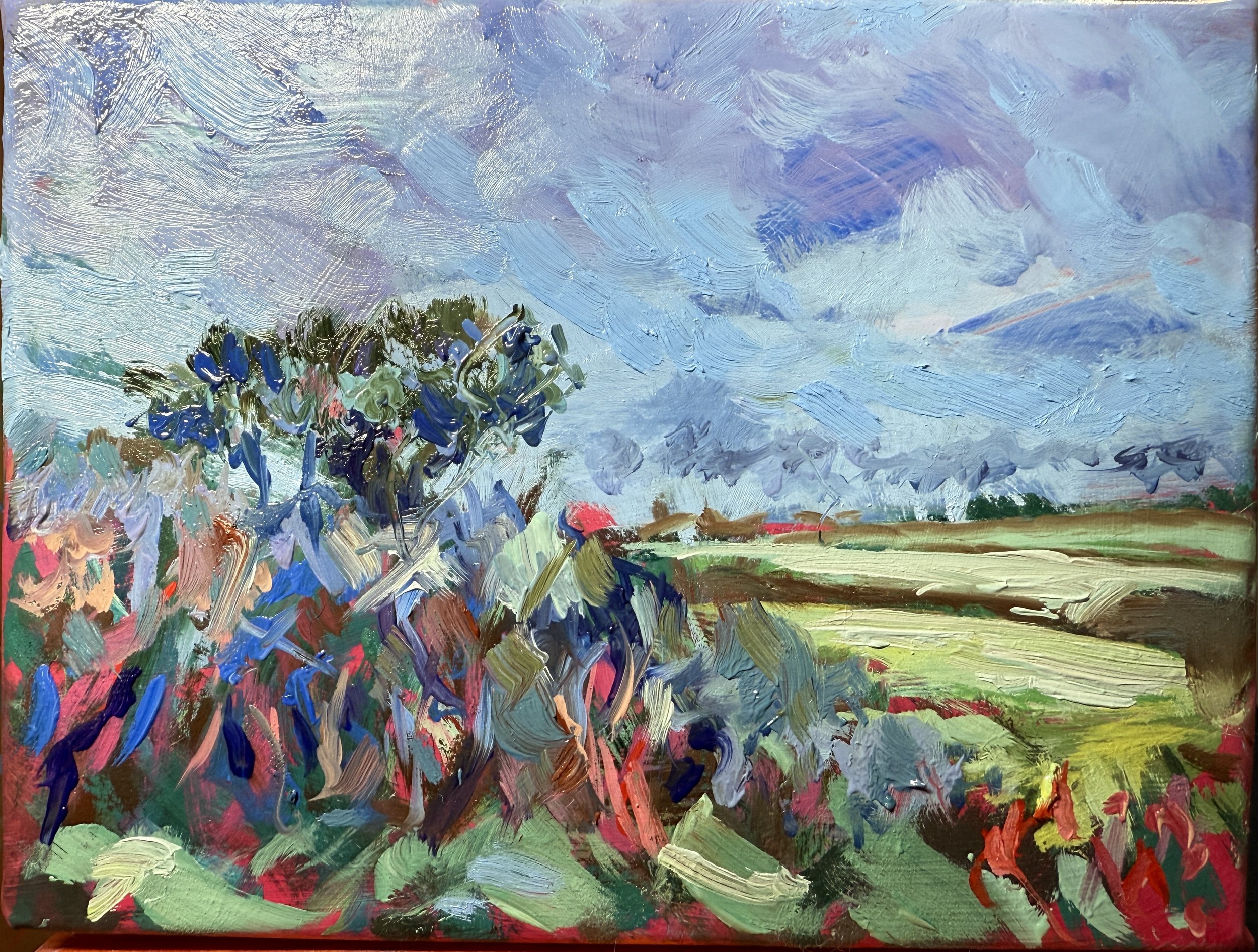 Gorse Hedge at Mont Herault Watch Tower, Oil on Copper on Raised Panel, 15.5cm x 20cm, 2025