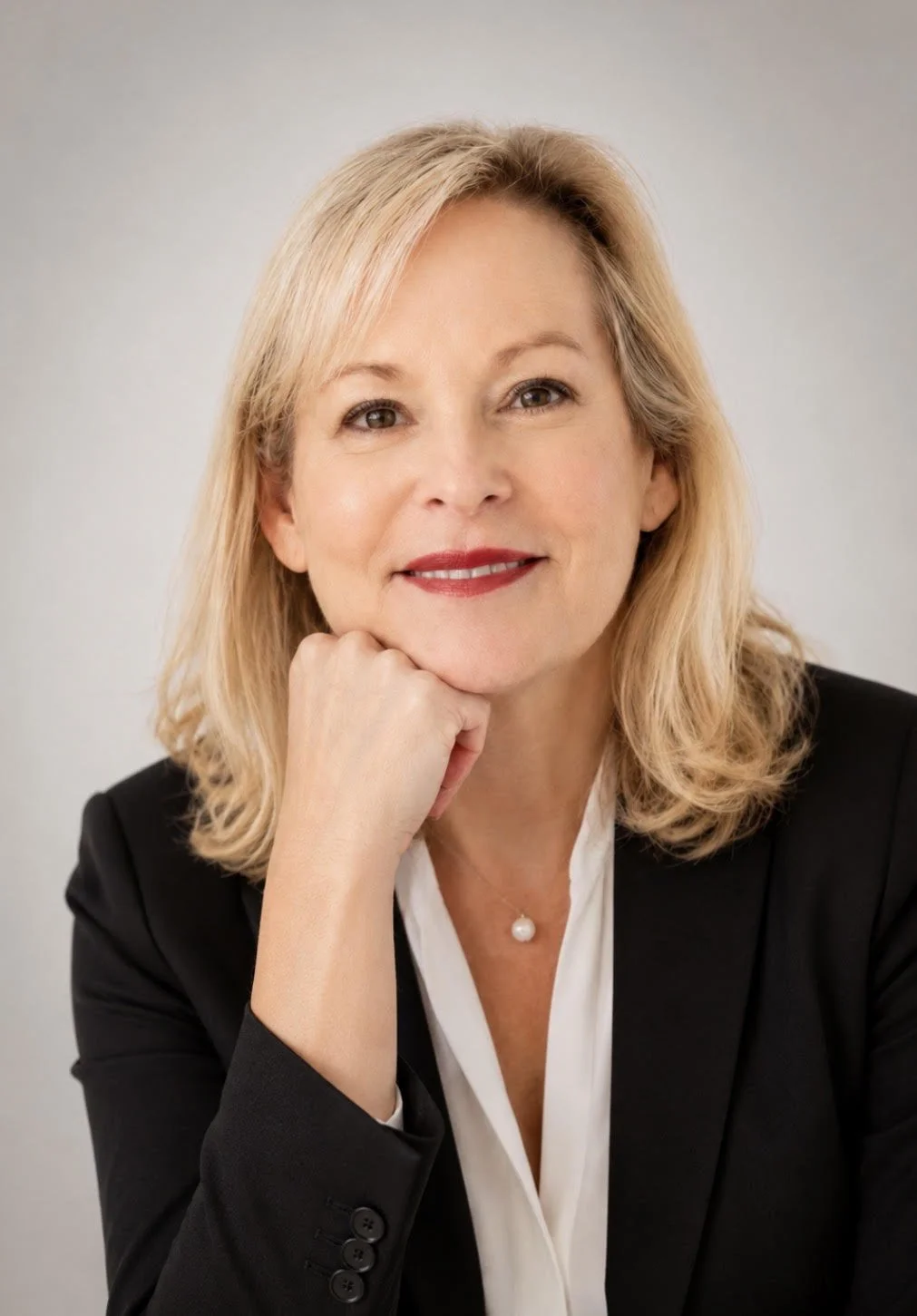 A middle-aged woman with blonde hair, wearing a black blazer and white blouse, smiling with her chin resting on her hand.
