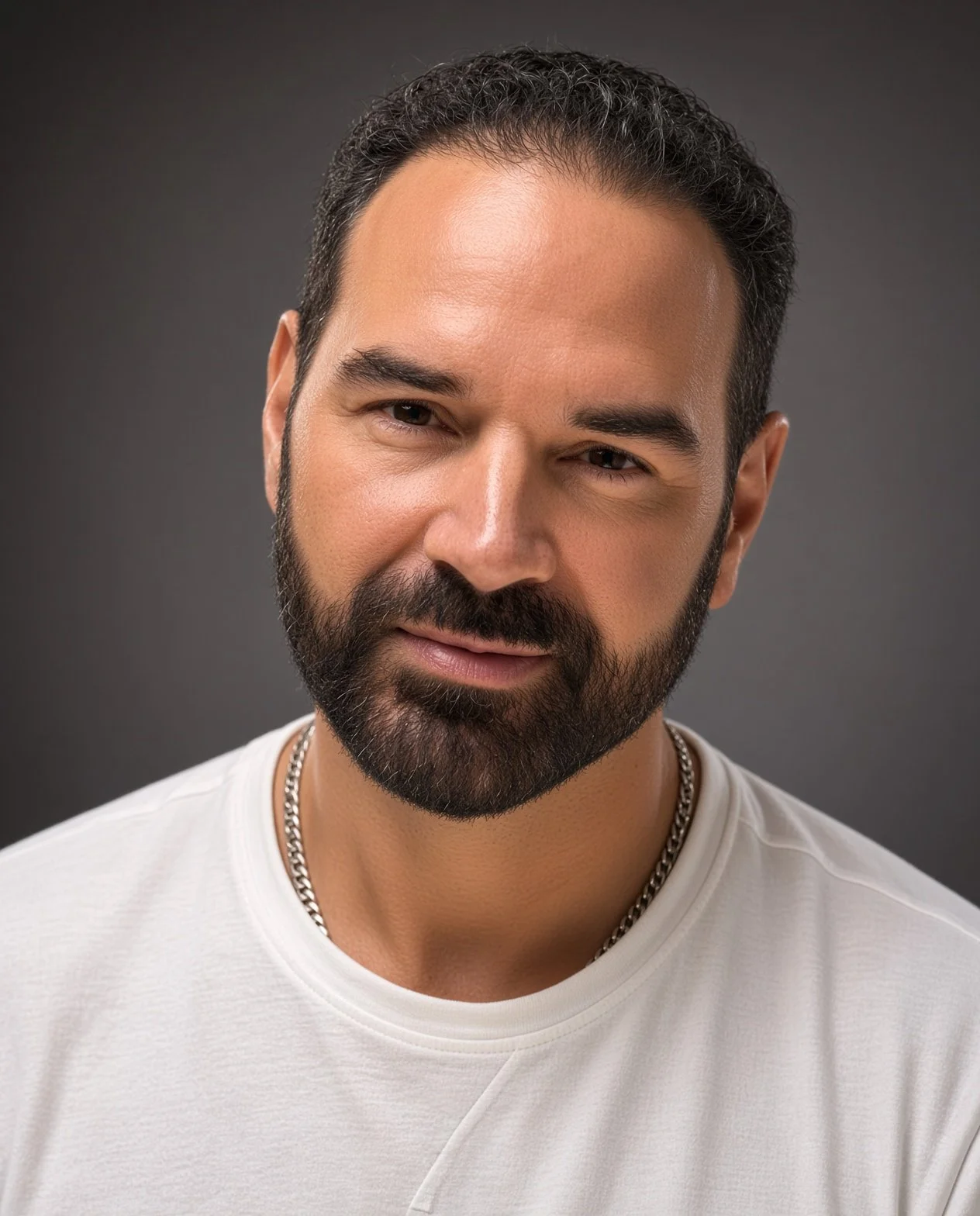 Close-up portrait of a man with dark hair, full beard, wearing a white shirt and a silver chain necklace, against a dark gray background.
