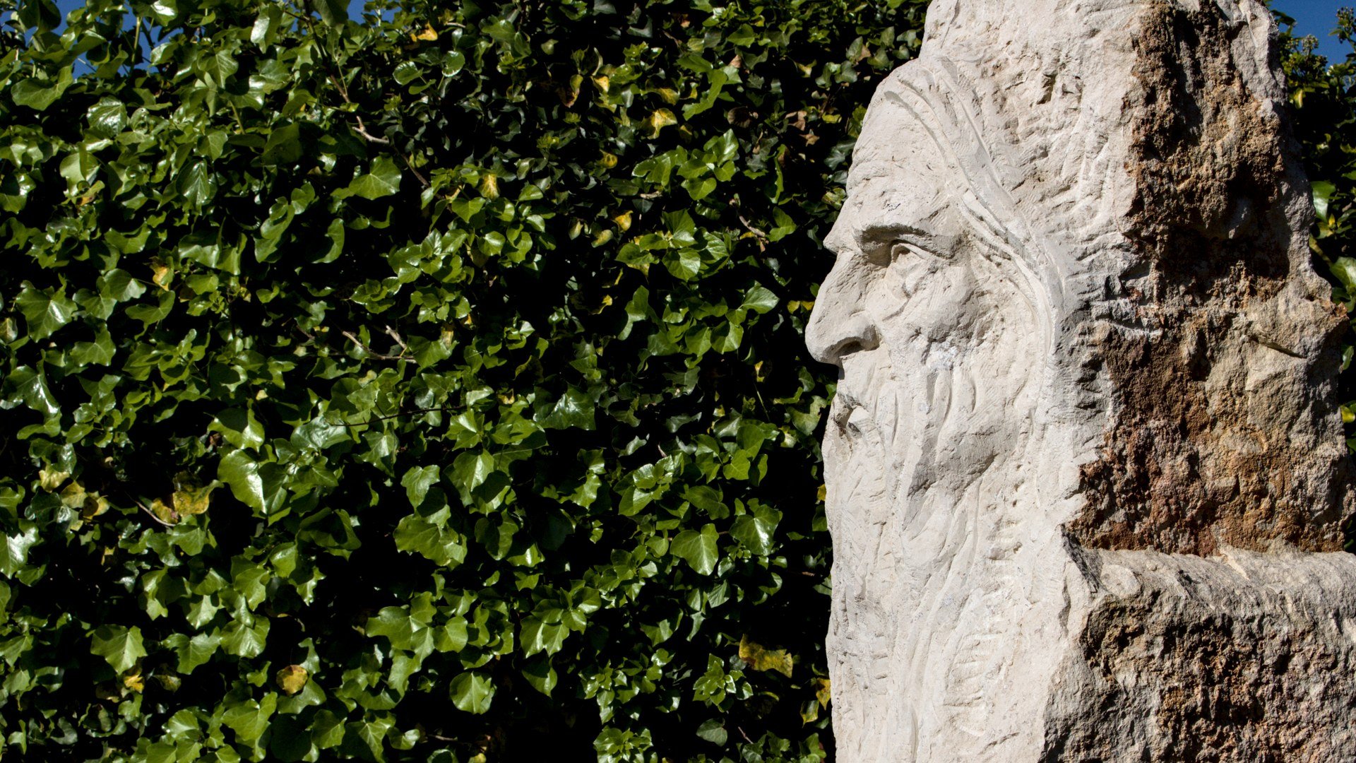 Escultura de pedra de perfil de uma figura humana com cabelos longos, ao lado de uma parede de folhas verdes.
