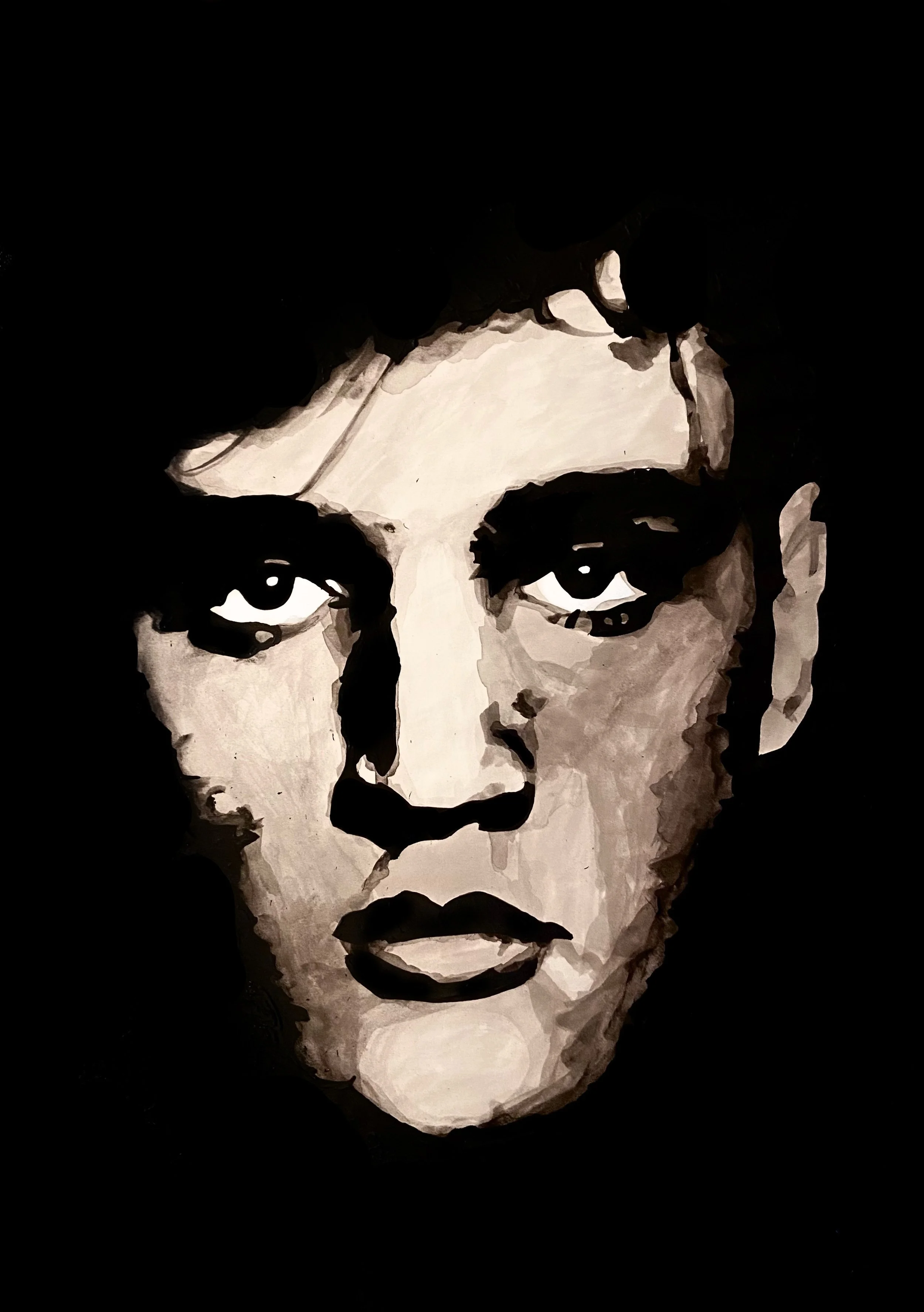 Black and white watercolor portrait of a woman's face with dark eyes and lips, high contrast with black background.