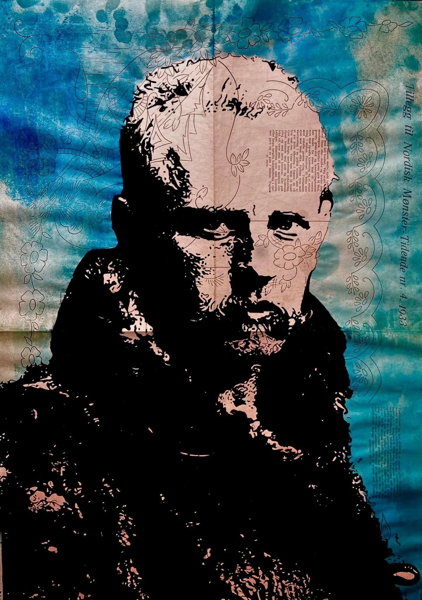 Silhouette portrait of a man with a beard against a watercolor blue background decorated with floral and swirling patterns and some text.