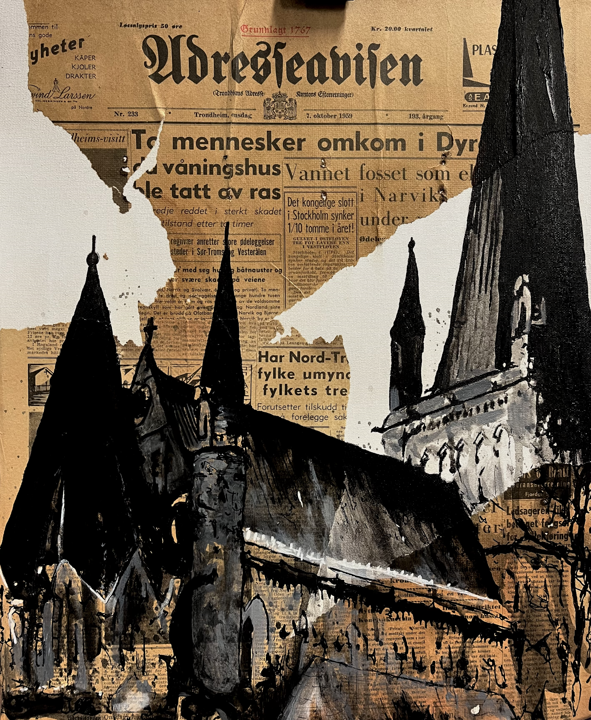 A collage featuring a torn and partially faded Norwegian newspaper from 1959 and an artistic depiction of cathedral towers with black, gray, and white brushstrokes.