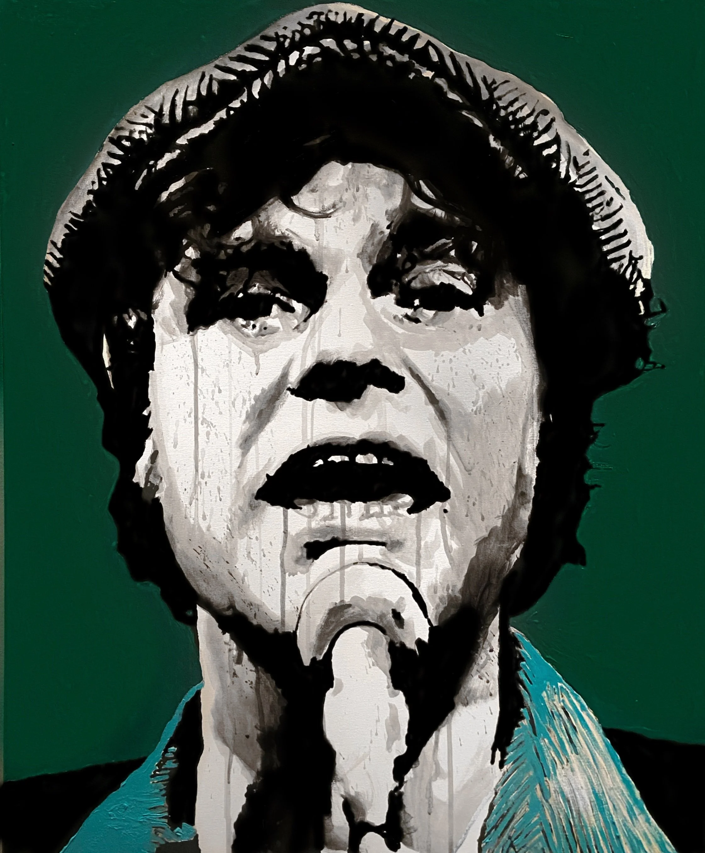 A black-and-white portrait of a woman with curly hair, crying tears, depicted in a painted art style with bold brushstrokes and drips, with a green background.