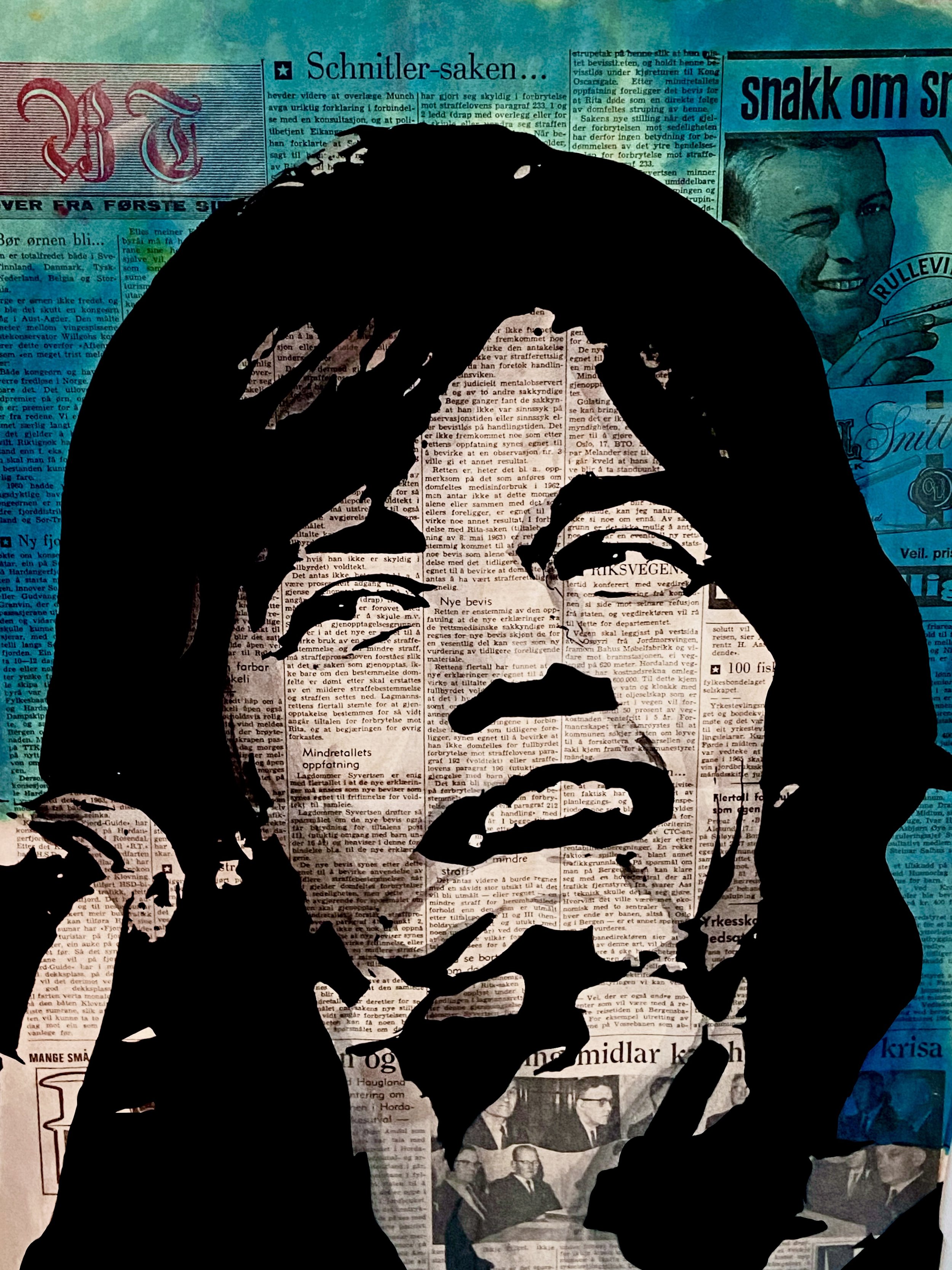 Black silhouette of a person smoking a cigarette in front of a collage of newspaper clippings and images, including a smiling woman and a group of men in suits.