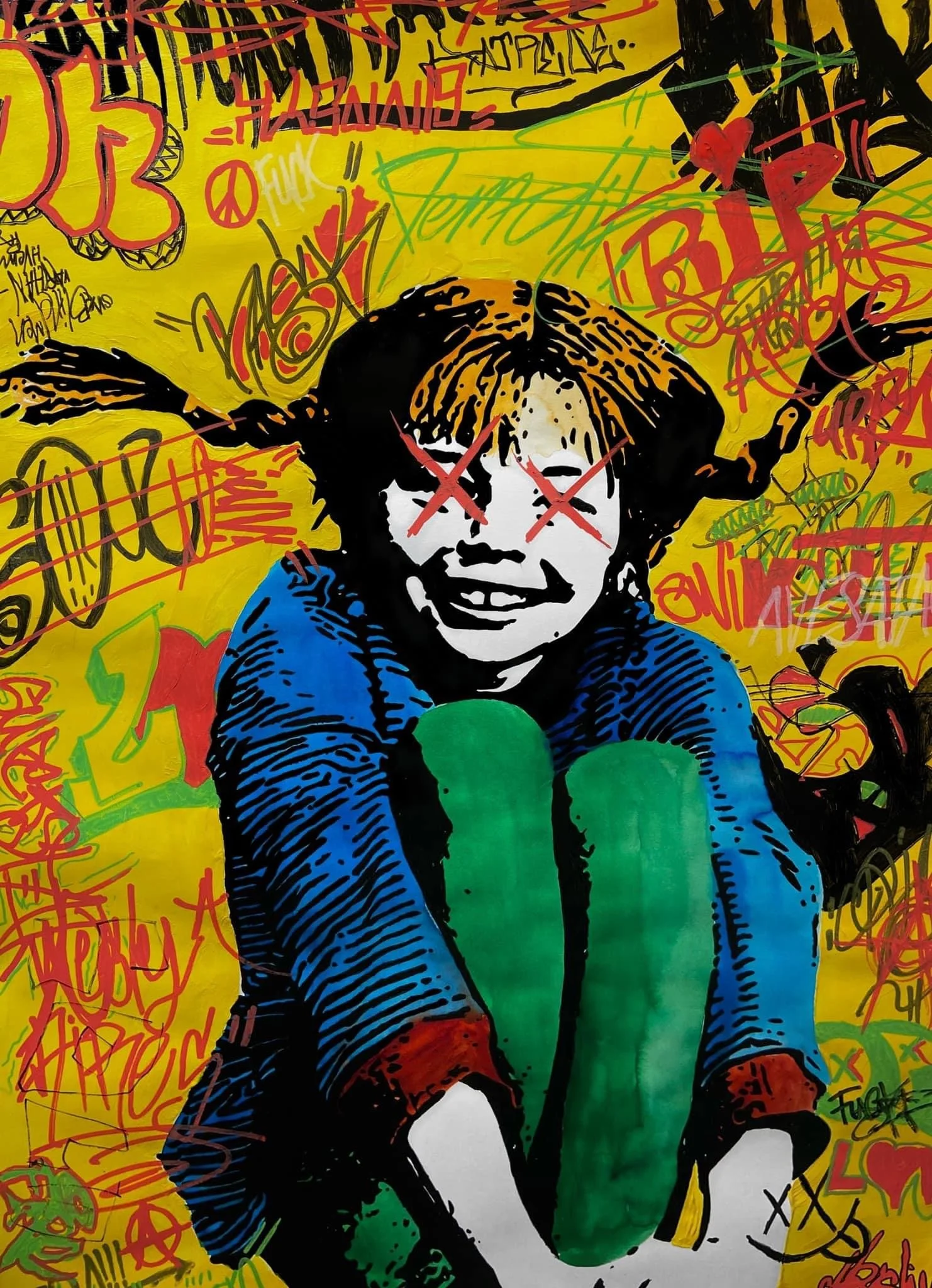 Street-style artwork featuring a young girl with pigtails, wearing a blue jacket, green shirt, and red pants, surrounded by colorful graffiti tags, symbols, and scribbles on a yellow background.