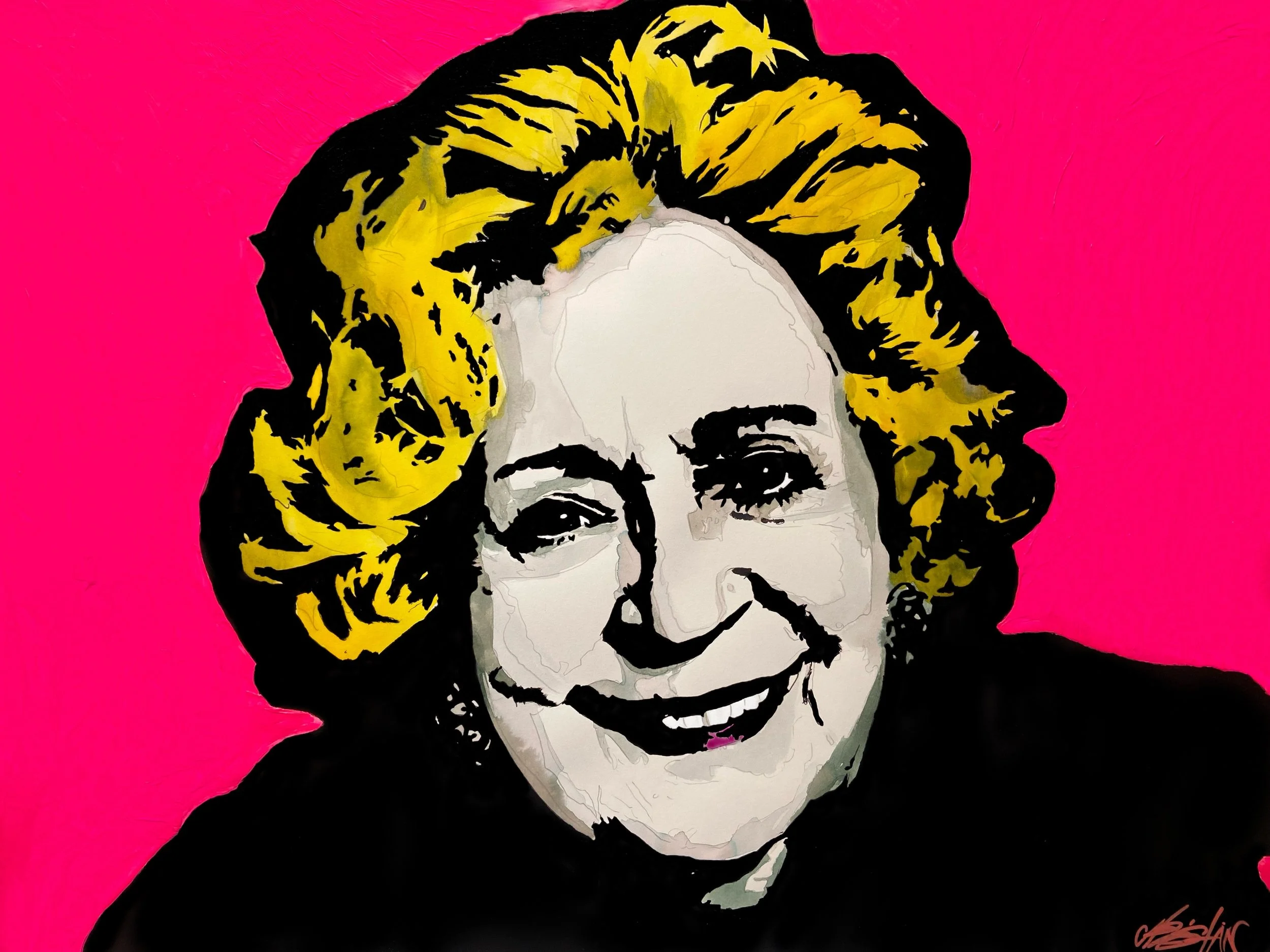 Pop art style illustration of a smiling woman with blonde hair against a bright pink background.