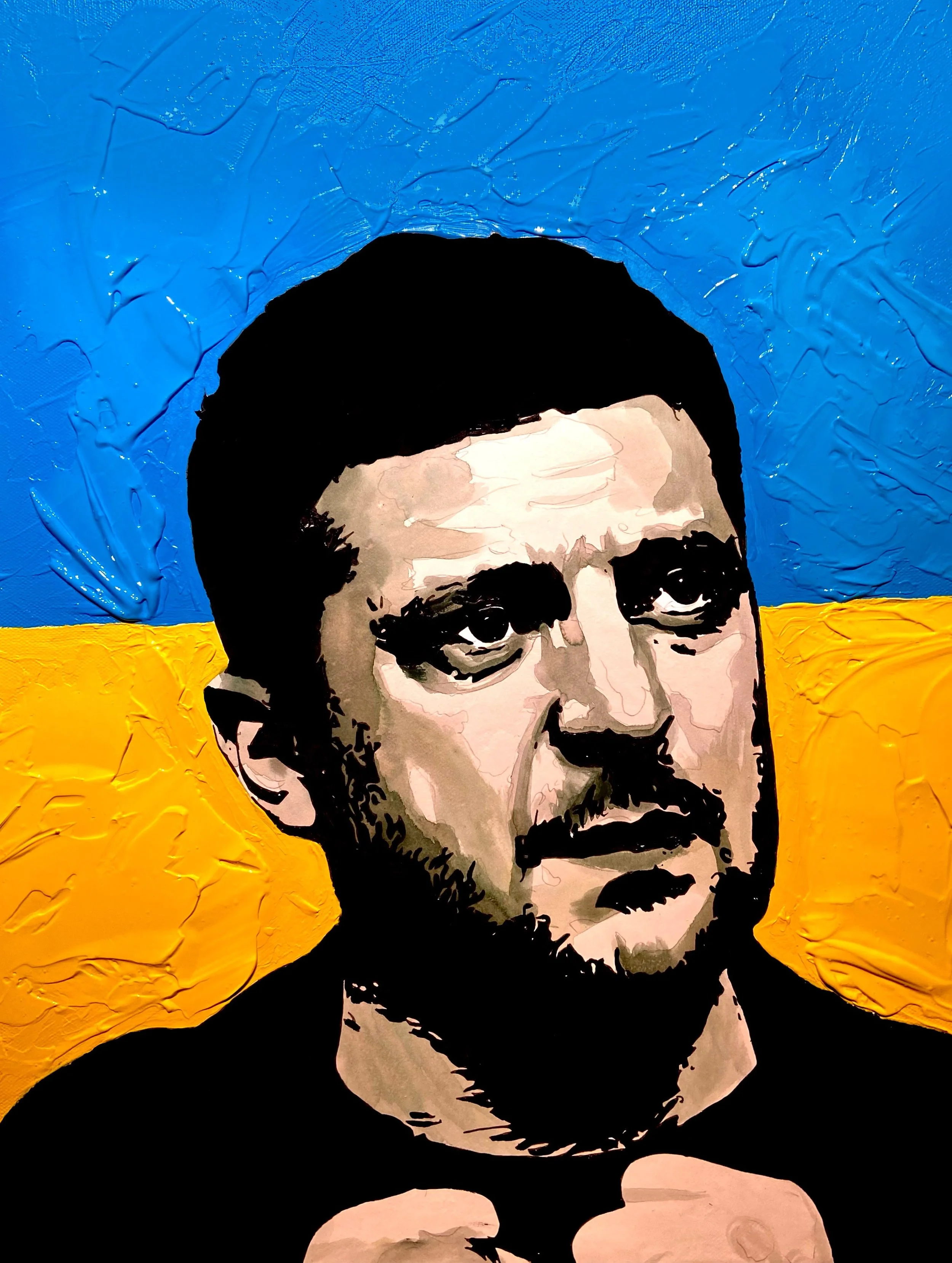 A stylized portrait of a man with glasses and a mustache, with a yellow stripe at the bottom and a blue background.