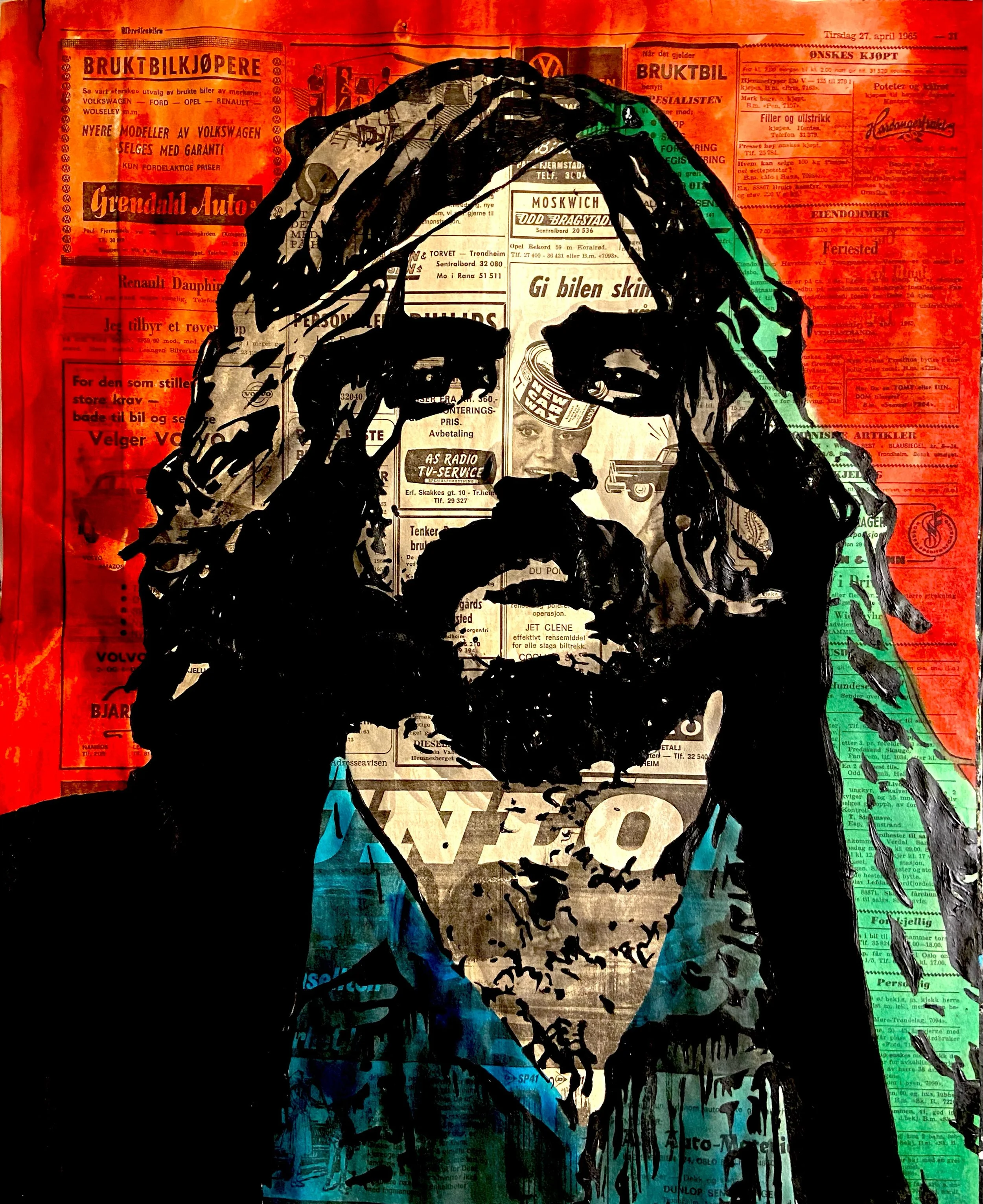 A stylized, artistic silhouette of a person's face and hand, overlaid with colorful sections of newspaper print in red, blue, green, and beige, creating a mixed media effect.