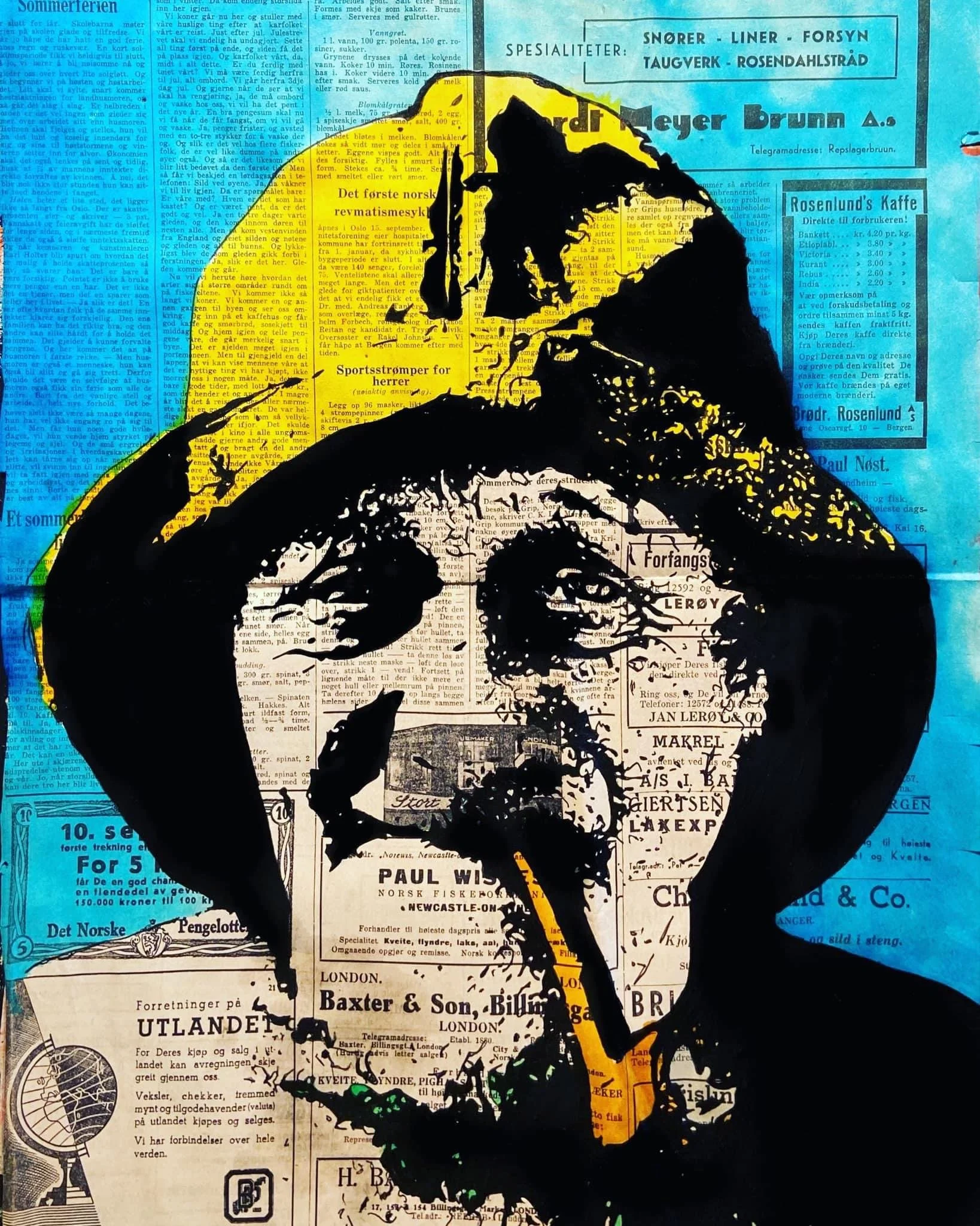A black silhouette of a person, possibly a woman, holding a camera, set against a colorful collage background of newspaper clippings and drawings with a yellow circle and mountain illustration behind her.