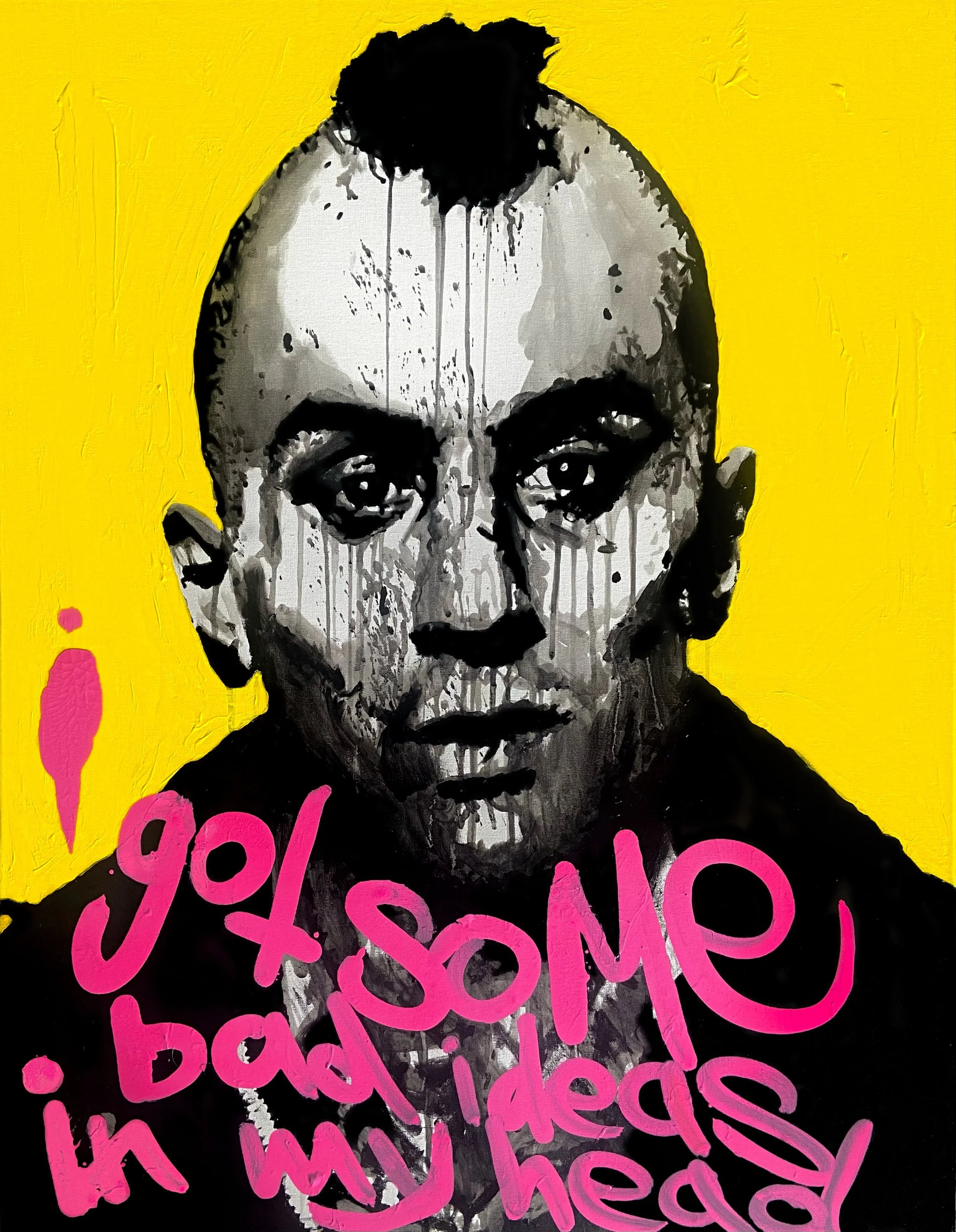 A portrait of a woman painted in black, gray, and white with dark eyes and hair, on a bright yellow background, with pink handwritten text overlapping the bottom part of the image.