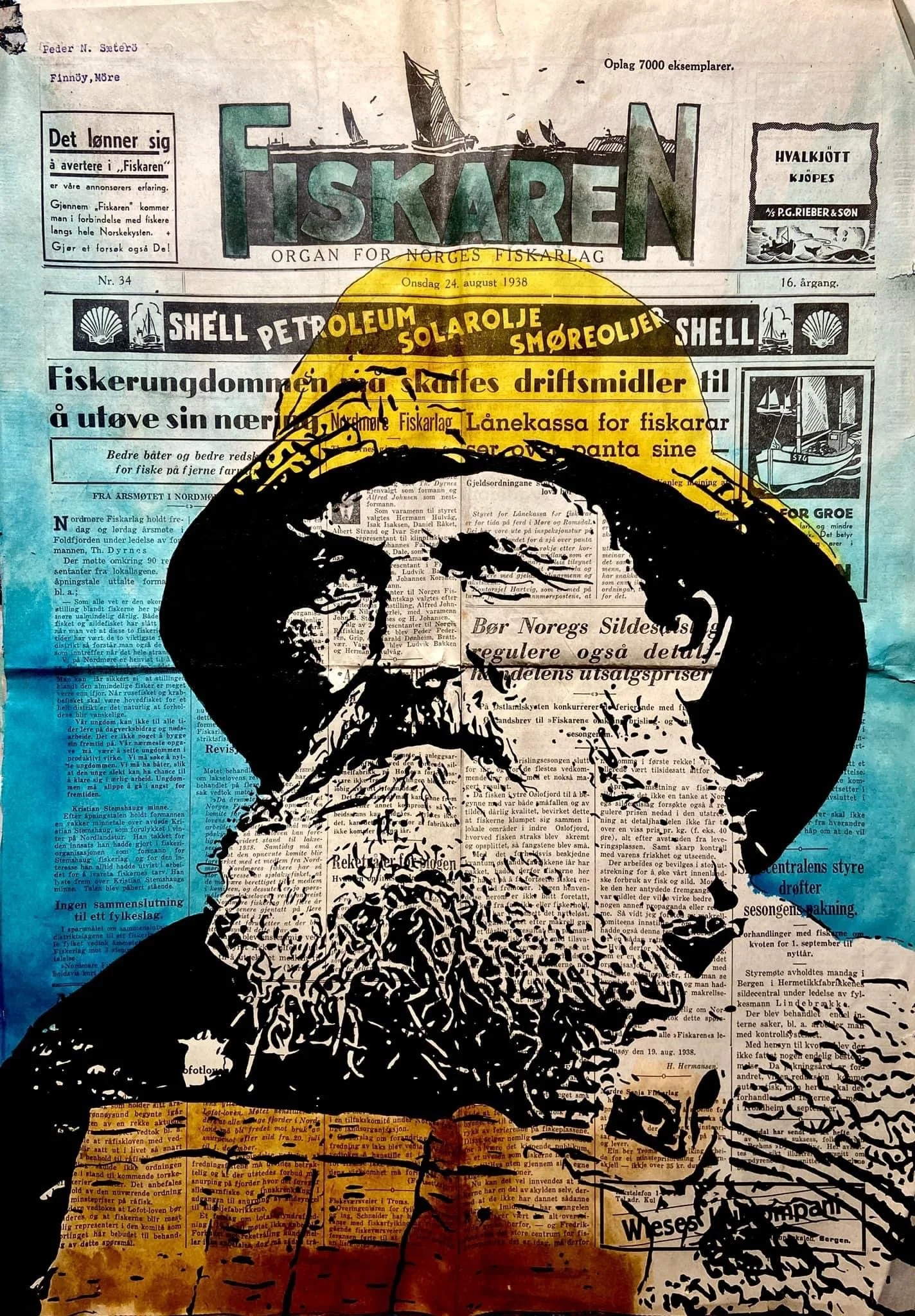 A collage art piece combining a vintage newspaper from 1938, a stencil illustration of a bird, and vibrant watercolor background with text and images related to fishing and marine themes.