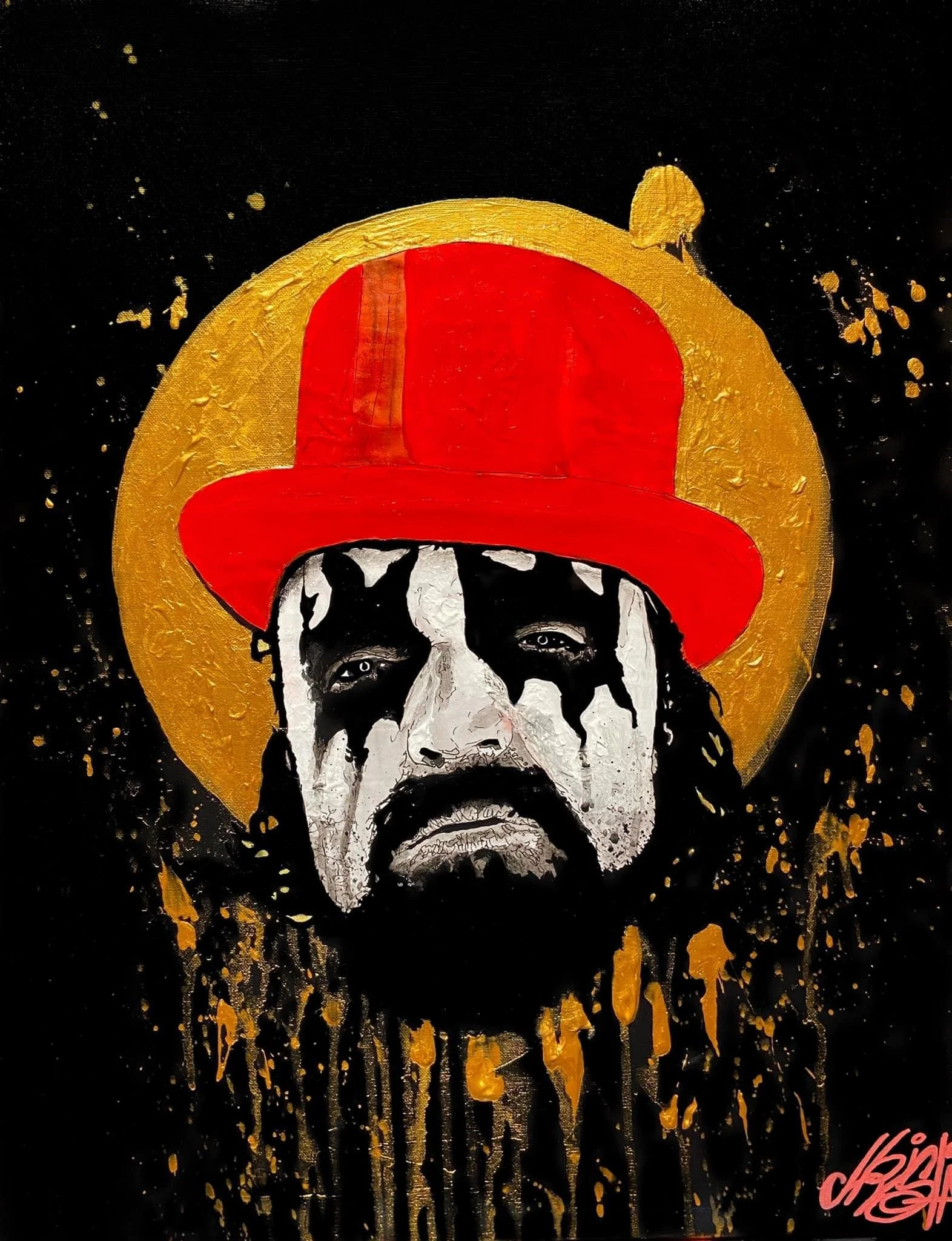 A street art portrait of a man with black and white face paint, wearing a red hat, set against a black background with gold splashes.
