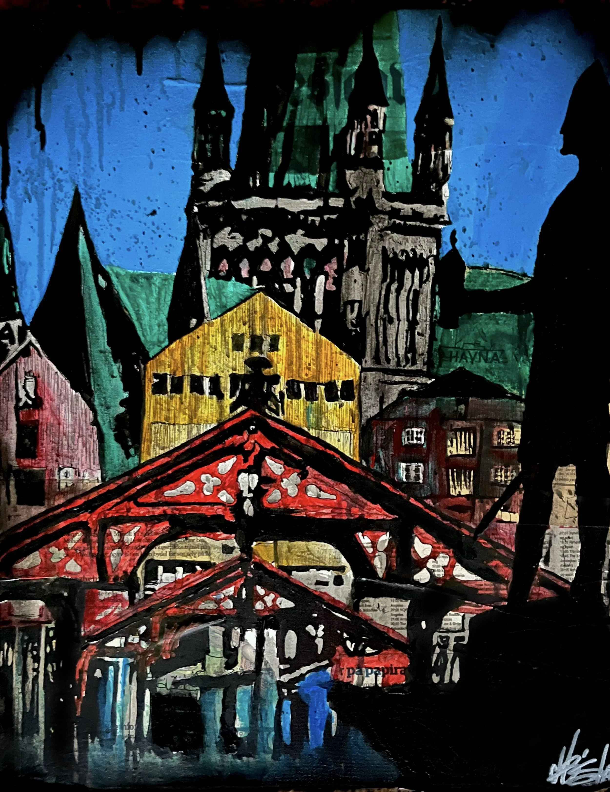 Painted depiction of a street with buildings, church steeples, and structures, including a prominent red roof in the foreground, rendered in an abstract, colorful style.