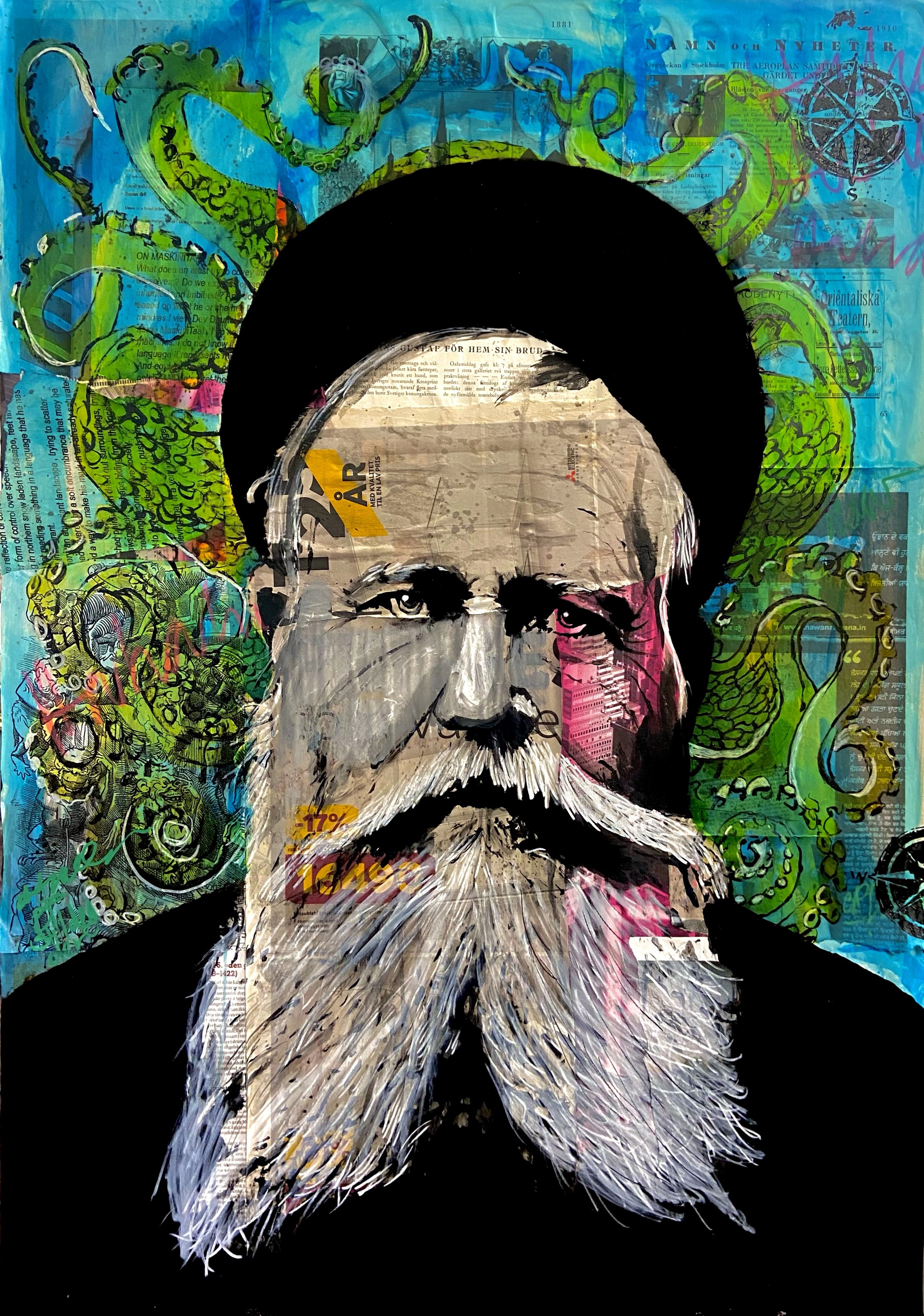 Mixed media illustration of a man with a beard and mustache, wearing glasses and a black jacket, with colorful abstract background featuring green snakes, text, and symbols.