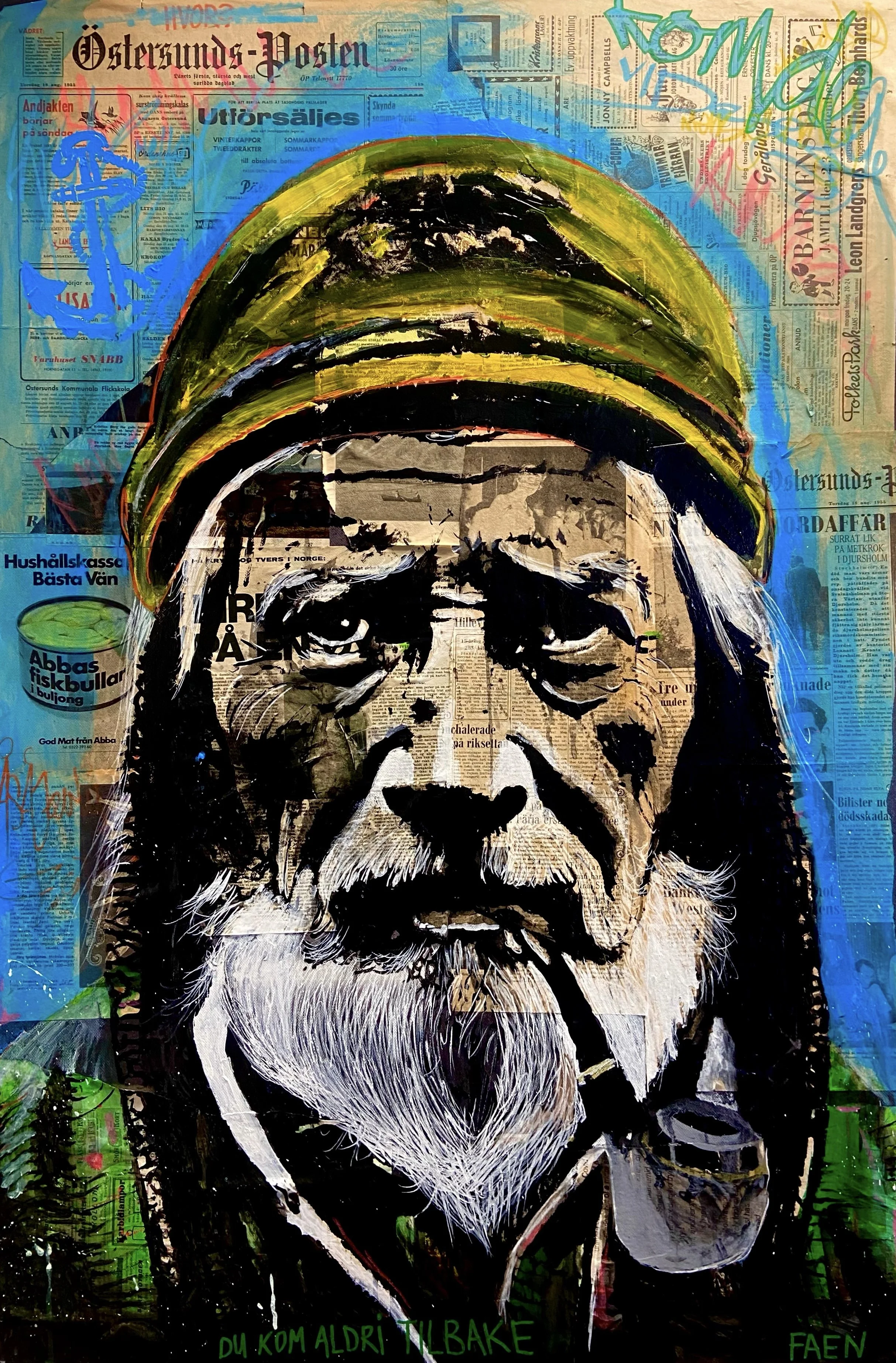 A mixed media artwork featuring a portrait of an elderly man with a white beard and glasses, painted over a background of collage newspaper clippings and colorful graffiti-style writing.