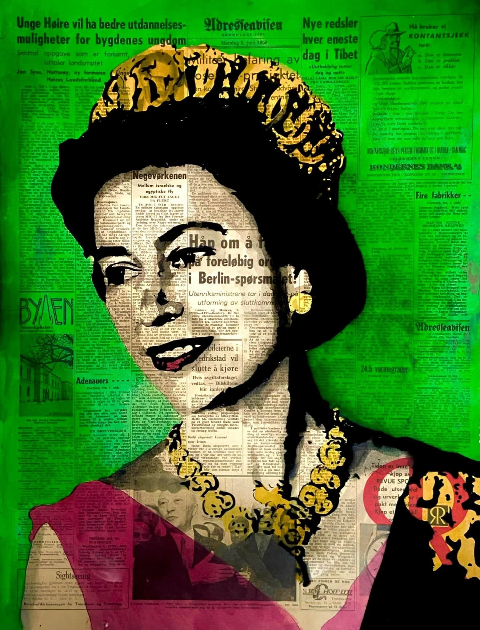 Pop art-style collage of a woman with short hair and hoop earrings, with newspaper clippings and colored sections in green, magenta, and beige behind her, and the word 'VENEZ' in green on the left side.