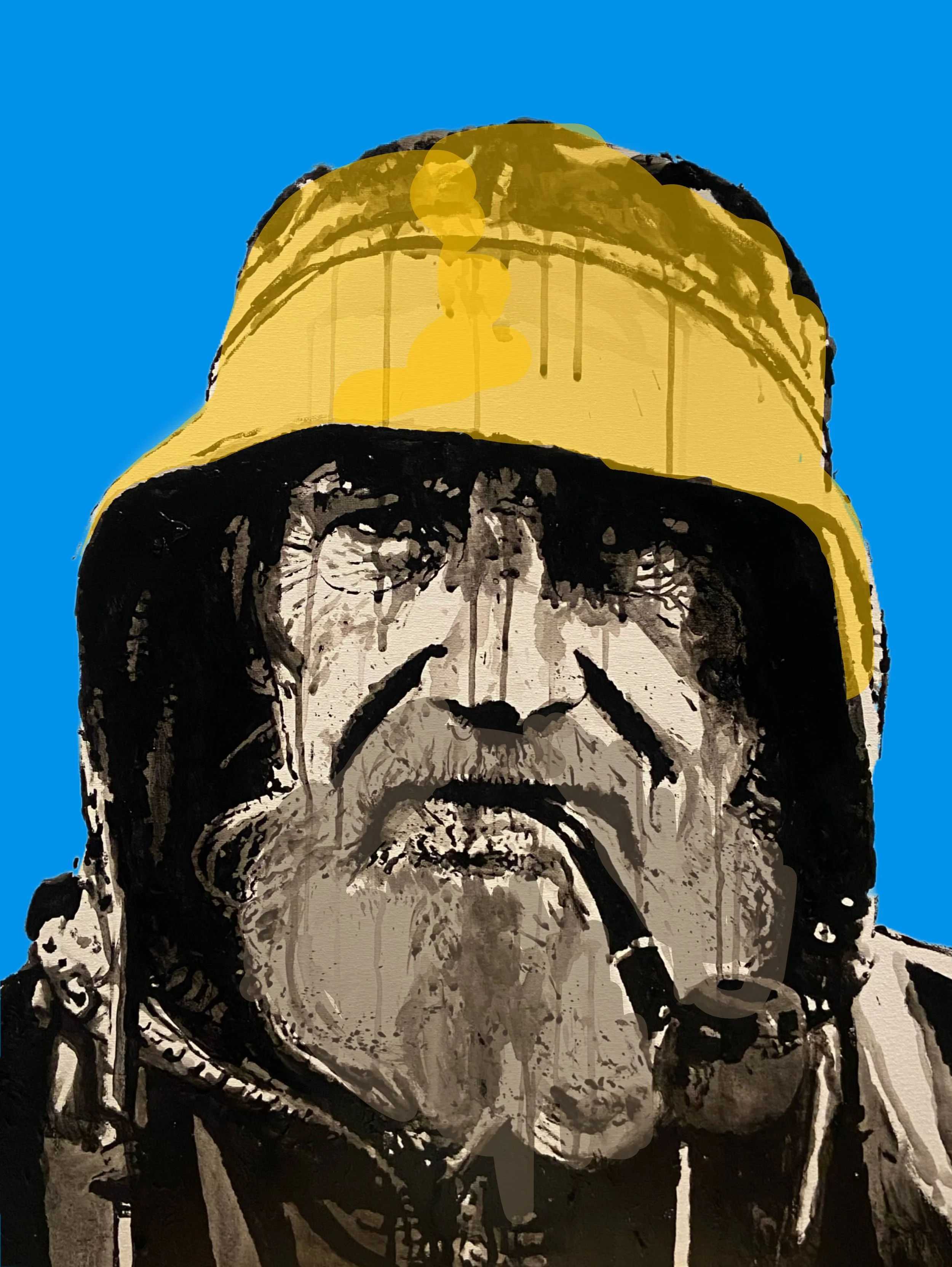 A person with glasses and long dark hair covering part of their face, wearing a yellow construction helmet, depicted in a sketch style against a blue background.