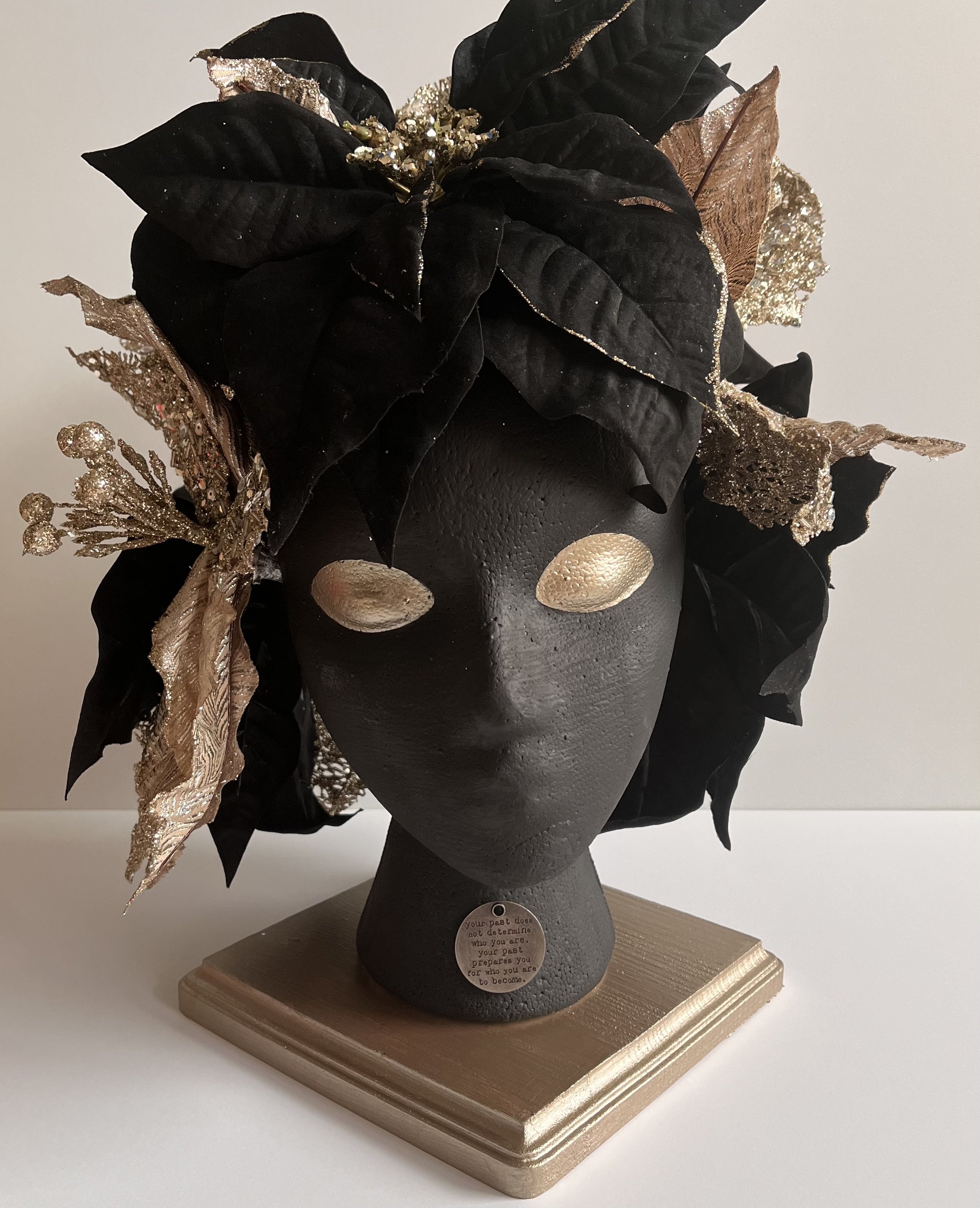 Death to Dependence: This piece is meant to reflect my experience of giving up dependence. I have the eyes covered in gold, subconsciously like how in ancient times they would place coins over the eyes to keep them shut when there was a death. I put
