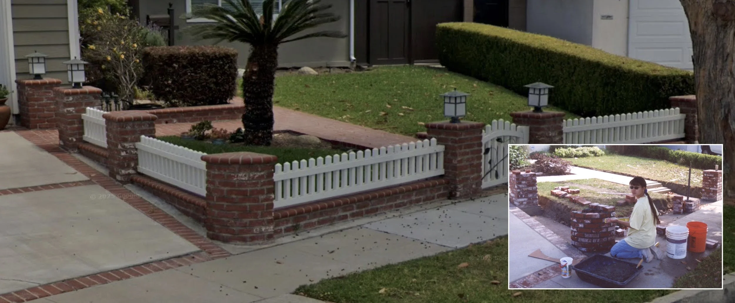 Front yard with a brick and white wooden picket fence, small trees, and shrubs, with a person laying bricks in the inset photo.