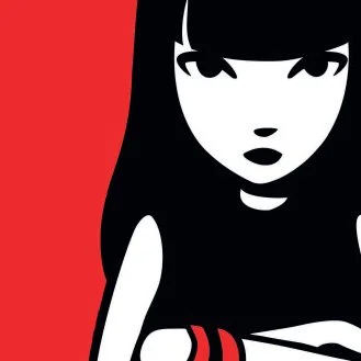 Stylized illustration of a woman with black hair, white skin, and a serious expression, against a red and black background.