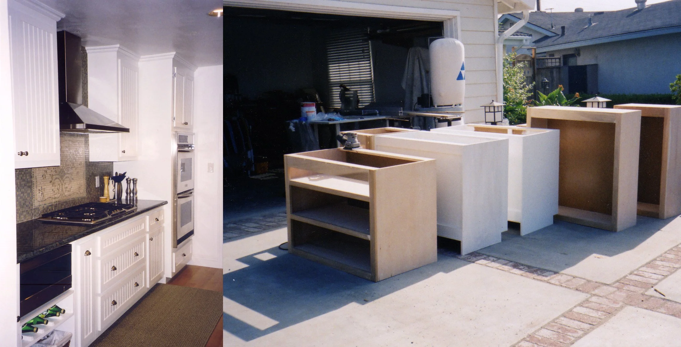 A photo shows a kitchen interior on the left side with white cabinets, a stove, and kitchen utensils, and an outside view on the right side with wooden cabinets, some tools, and an unfinished outdoor structure under construction in a backyard.
