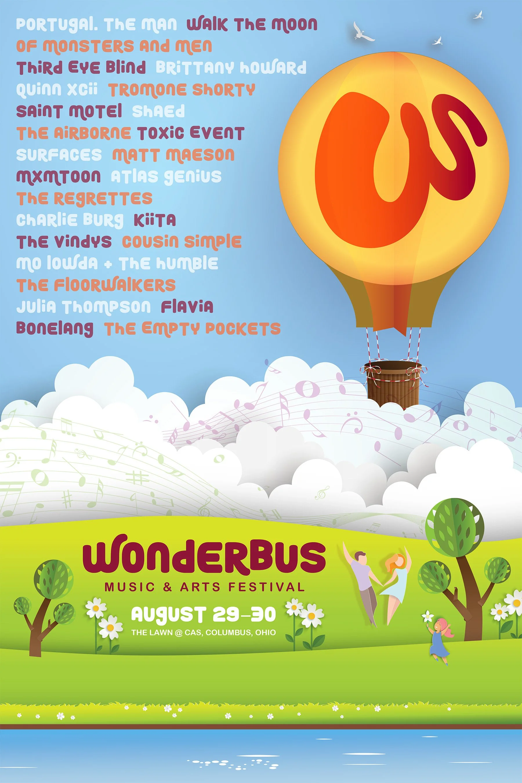Festival poster with a blue sky background, a hot air balloon with a smiley face, and white birds flying. A section promoting 'Wonderbus' music and arts festival on August 29-30 at The Lawn @ CAS, Columbus, Ohio. Green grassy area with trees, childre