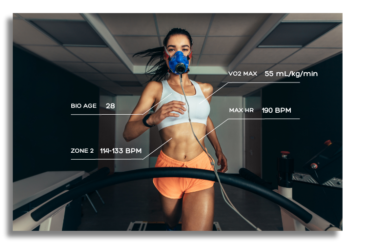woman doing a vo2max test with stats