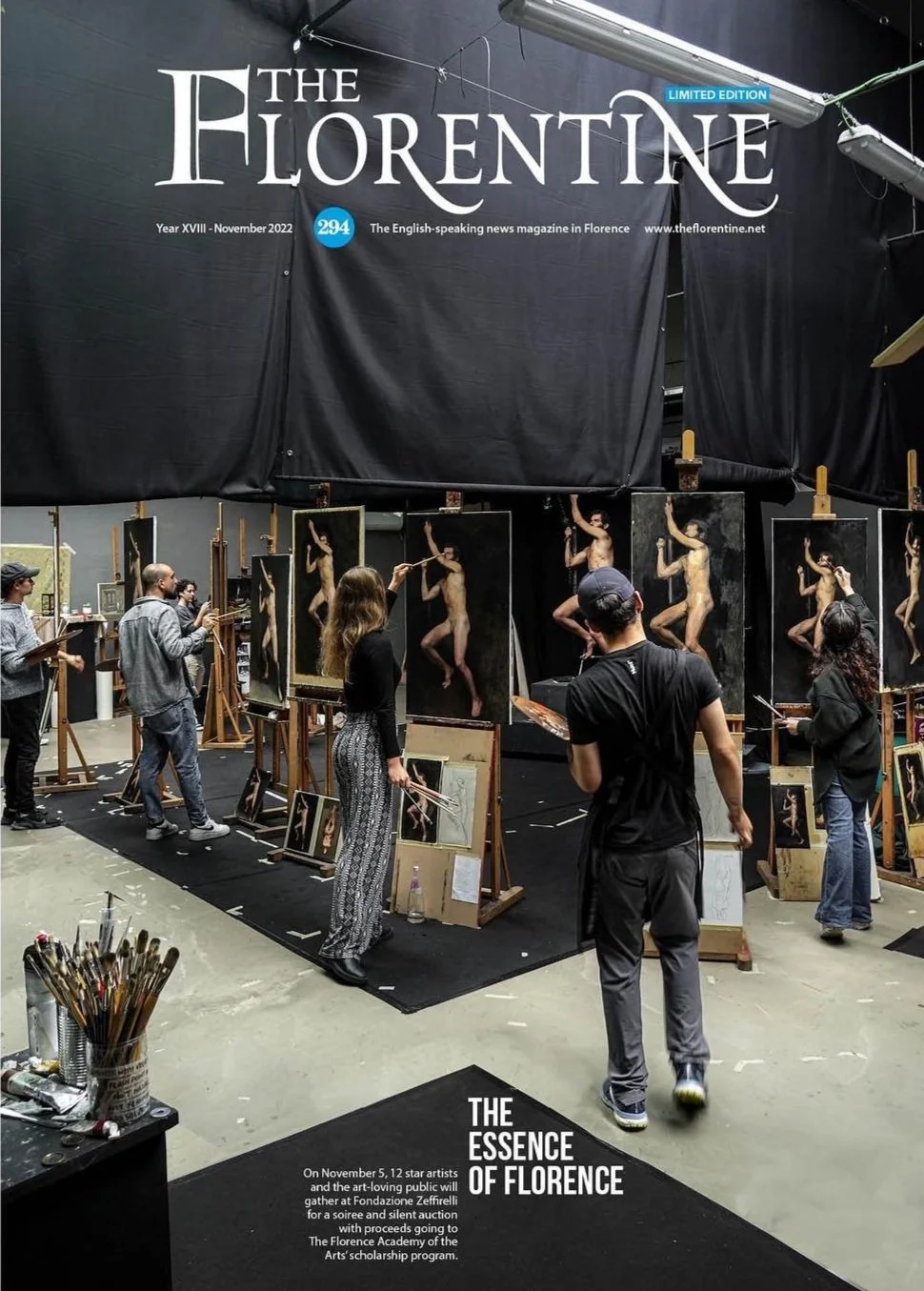 Cover of The Florentine magazine, November 2022 edition, featuring an art class with people painting nude models in a studio.