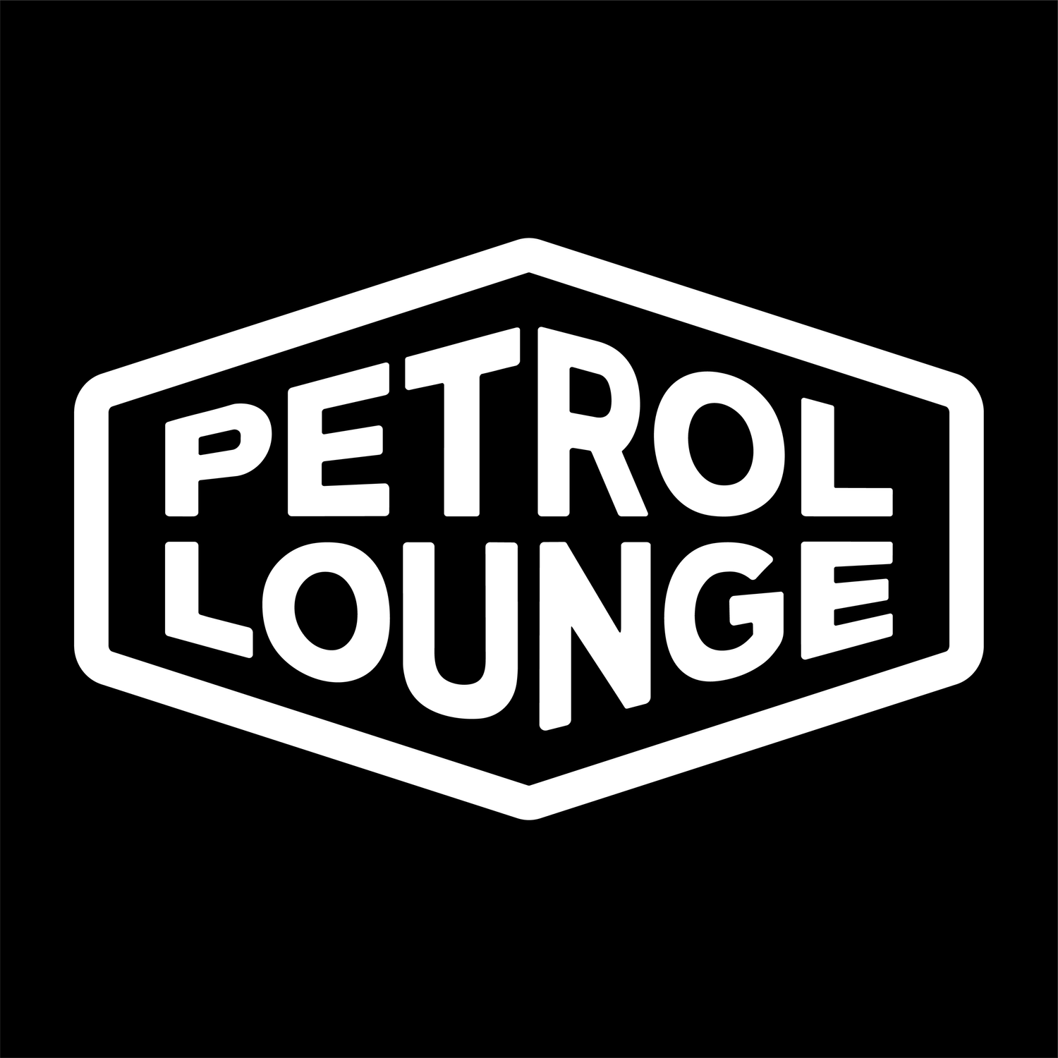Black background with a white outlined hexagon shape. Inside the shape, the words 'PETROL LOUNGE' are written in bold, uppercase letters.