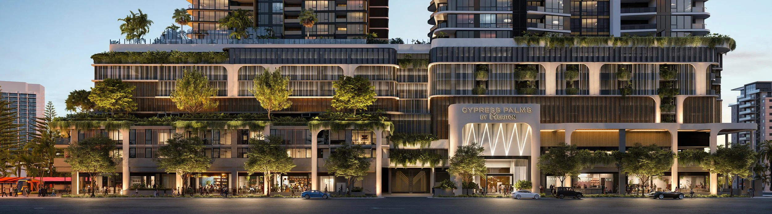 Rendering of a modern mixed-use building with retail shops on the ground floor, residential or hotel units on upper floors, and landscaped terraces. Sign on the building reads 'Cypress Palms by Meriton'.