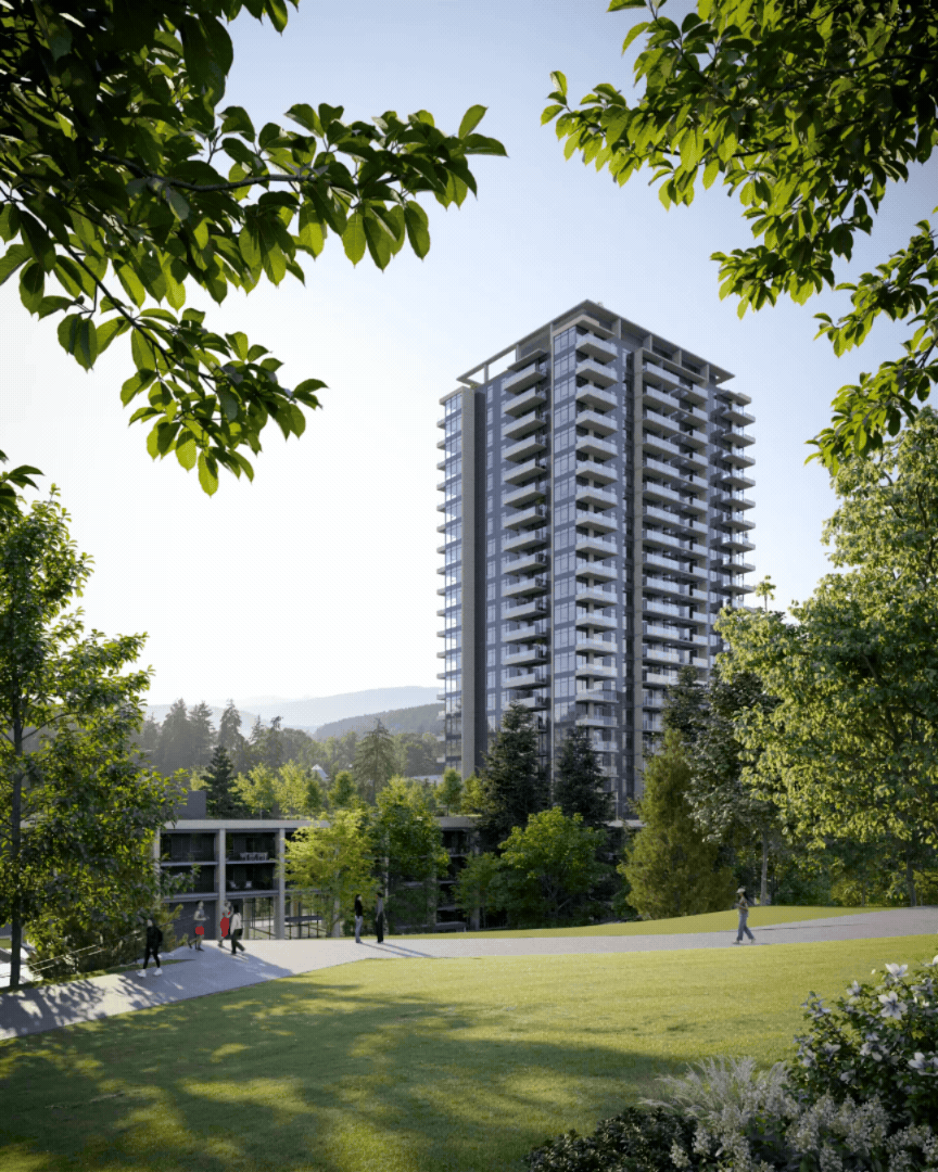 A modern high-rise apartment building surrounded by trees and a park with people walking.