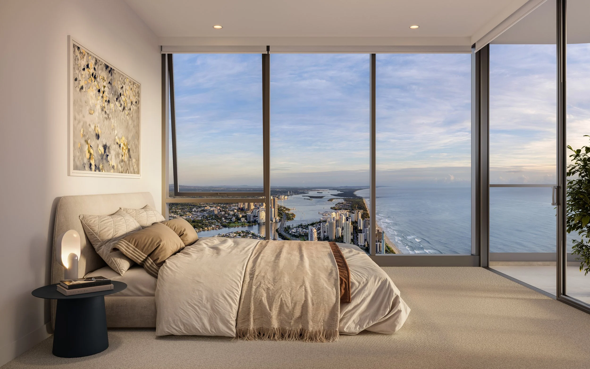 CGI render of  a luxury bedroom with a large floor-to-ceiling window showing a cityscape and ocean view at sunset, with a bed, nightstand, and artwork on the wall.
