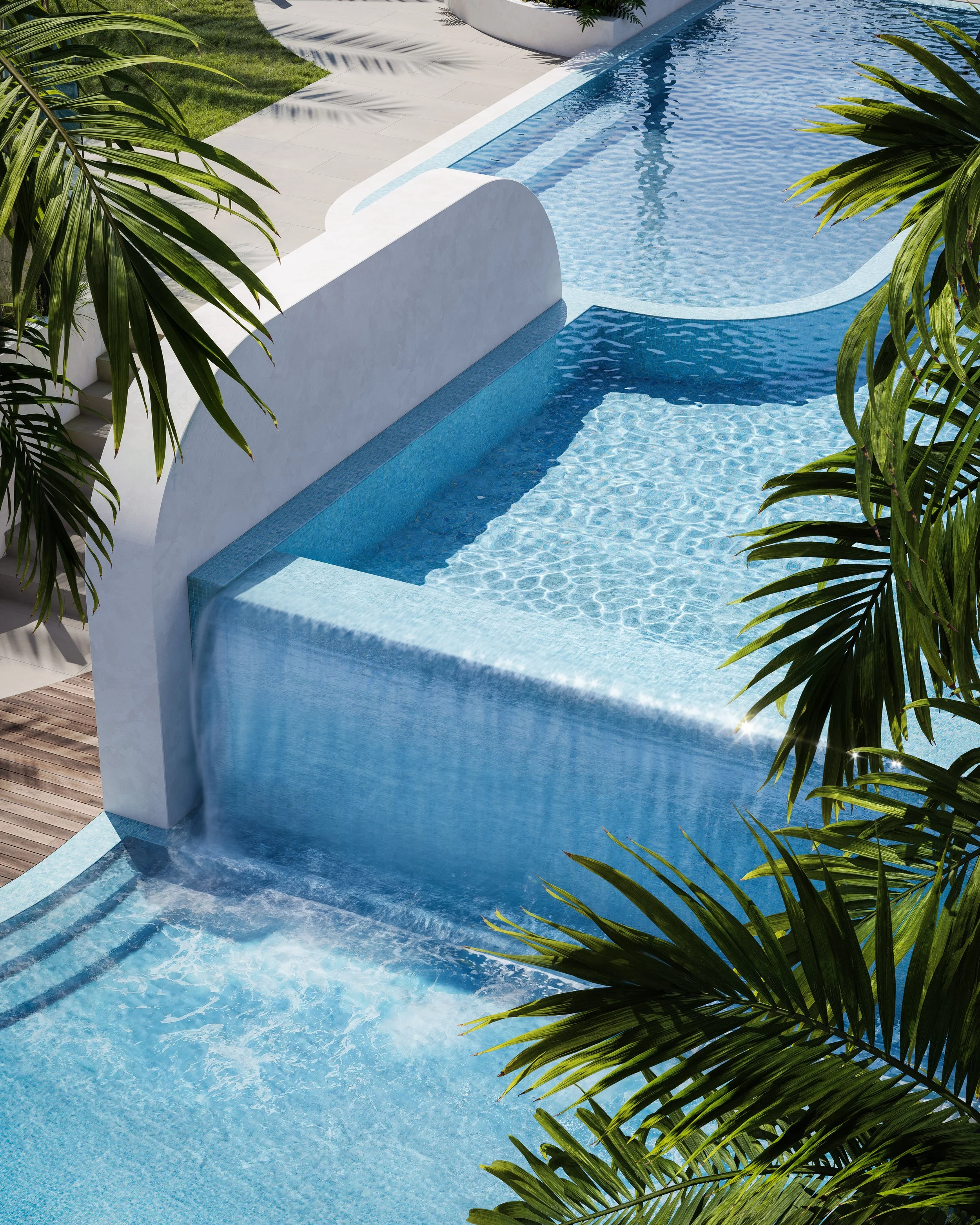 Luxury infinity pool with a waterfall feature surrounded by lush tropical plants and white modern architecture. Developed by Meriton, based in Queensland, Australia.