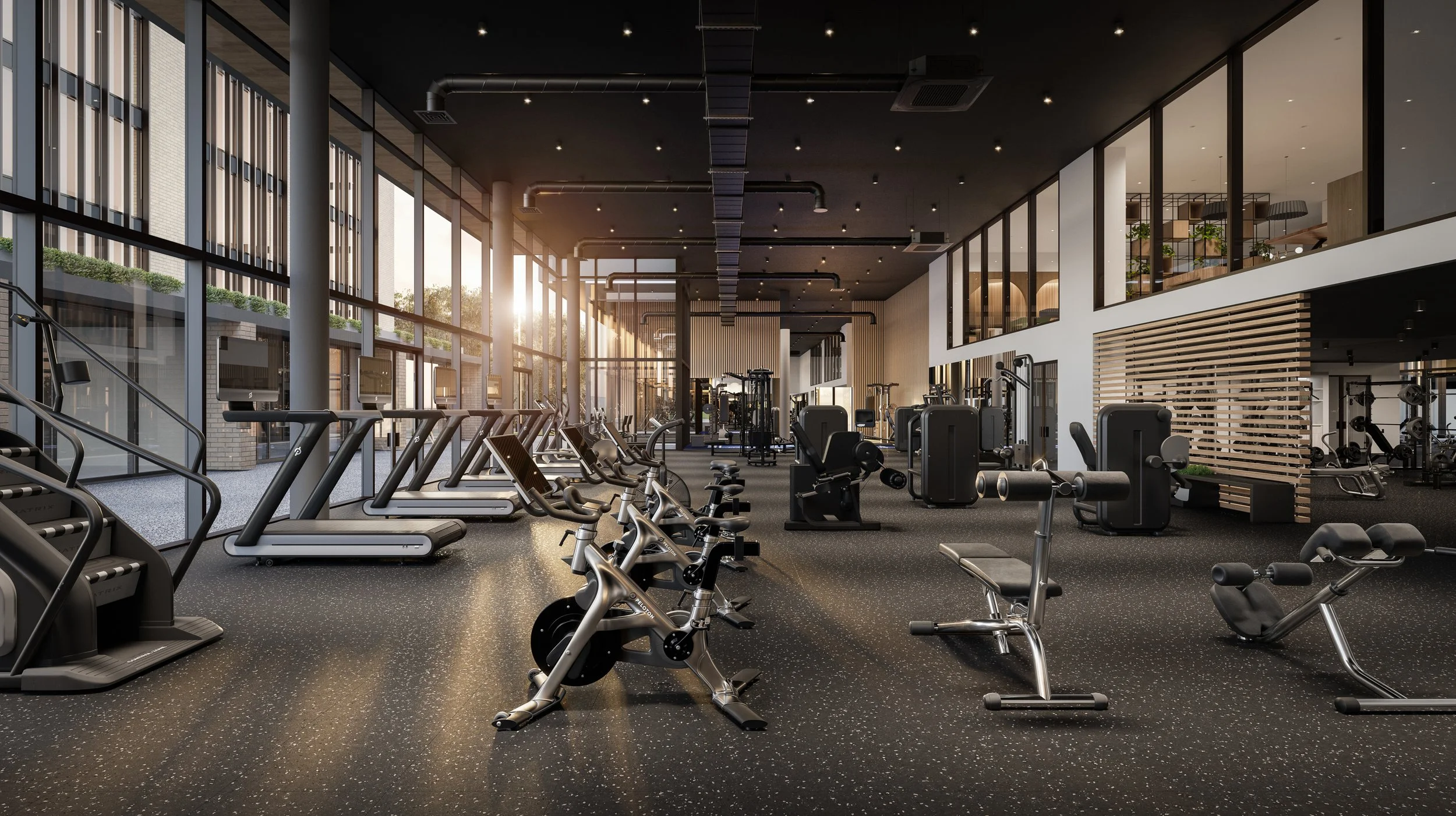 Modern gym with cardio machines like treadmills, stationary bikes, and elliptical trainers, with weightlifting equipment in the background, large windows letting in natural light, and a black ceiling with installed lighting.