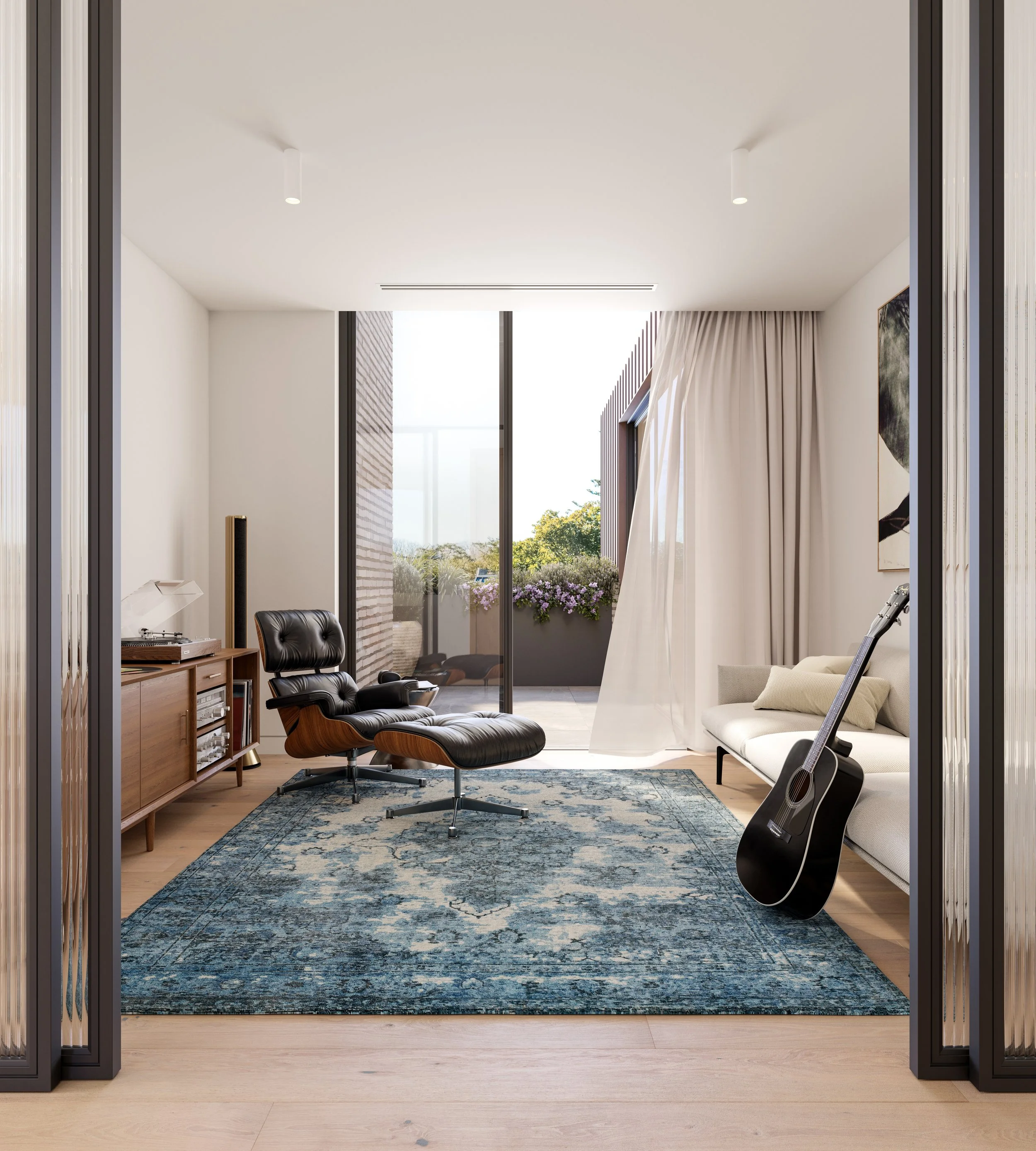3D render of interior view of a modern recreational room with a large window and balcony, featuring a black leather lounge chair, a white sofa with pillows, a guitar, a blue patterned rug, and a wooden sideboard.