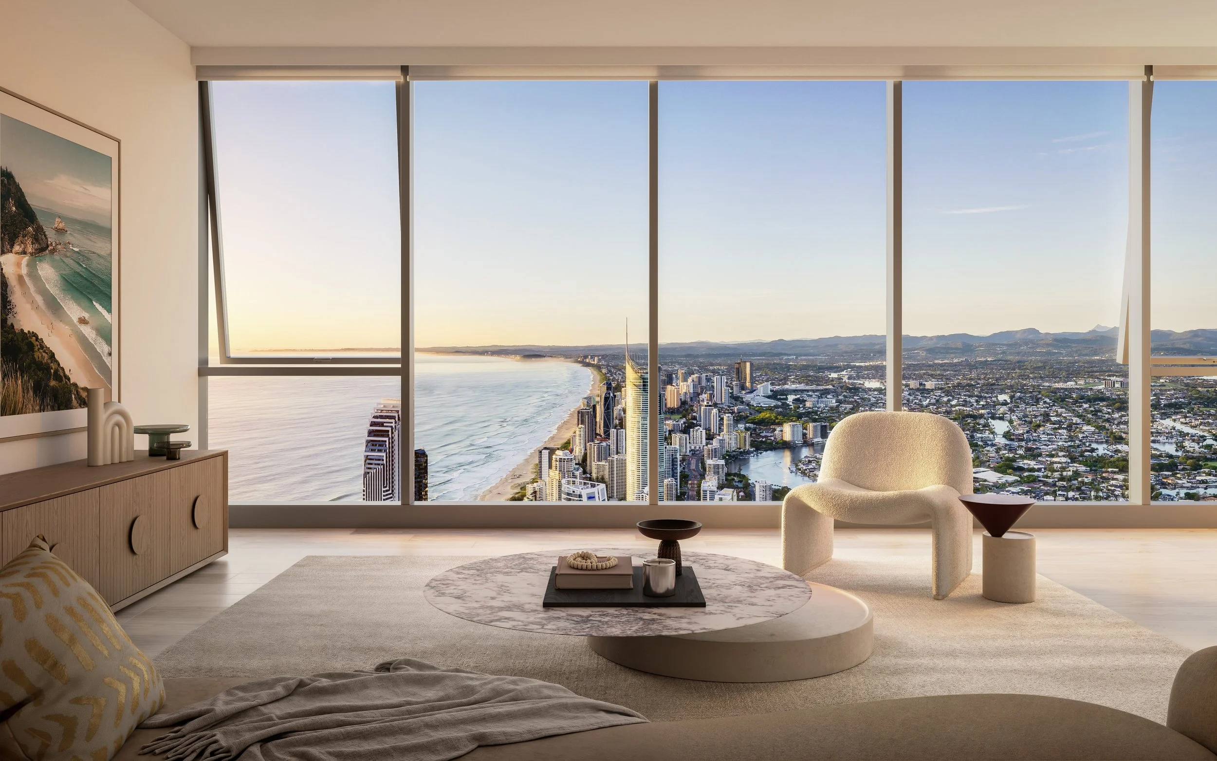 CGI render of modern living room with large floor-to-ceiling windows showcasing gold coast skyline and beach view at sunset.