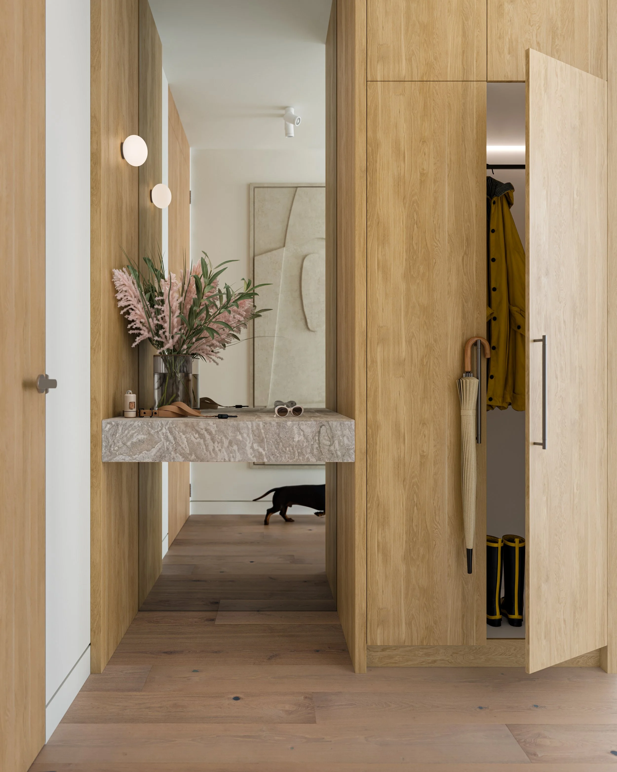 3D render of  entryway with wooden cabinets, a marble ledge with a vase of pink flowers, a mirror, and a hallway with a dog walking through