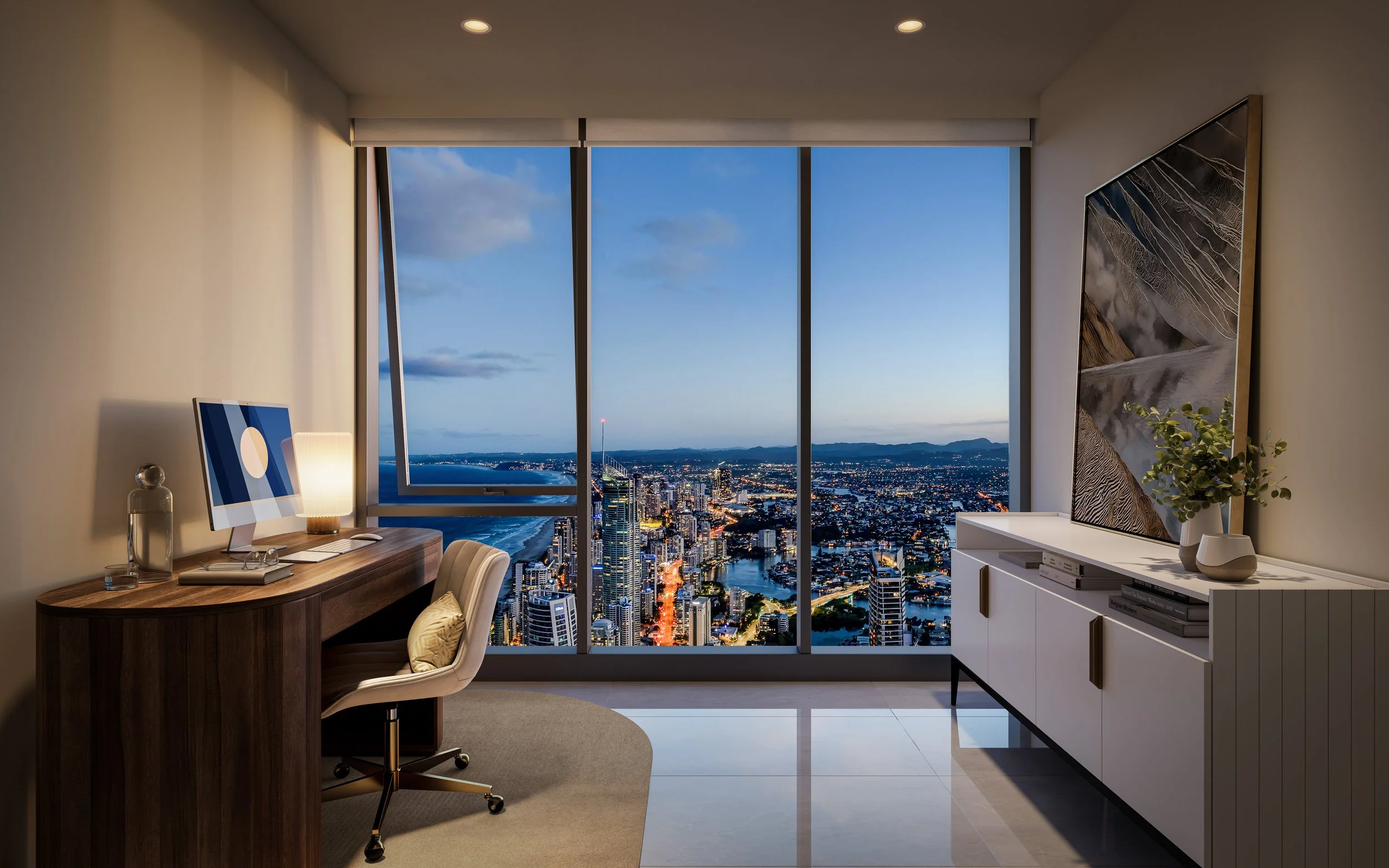 CGI render of Interior of a home office with a large window showing a cityscape at dusk, wooden desk with a monitor, desk lamp, and books, and a white cabinet with decorative items.