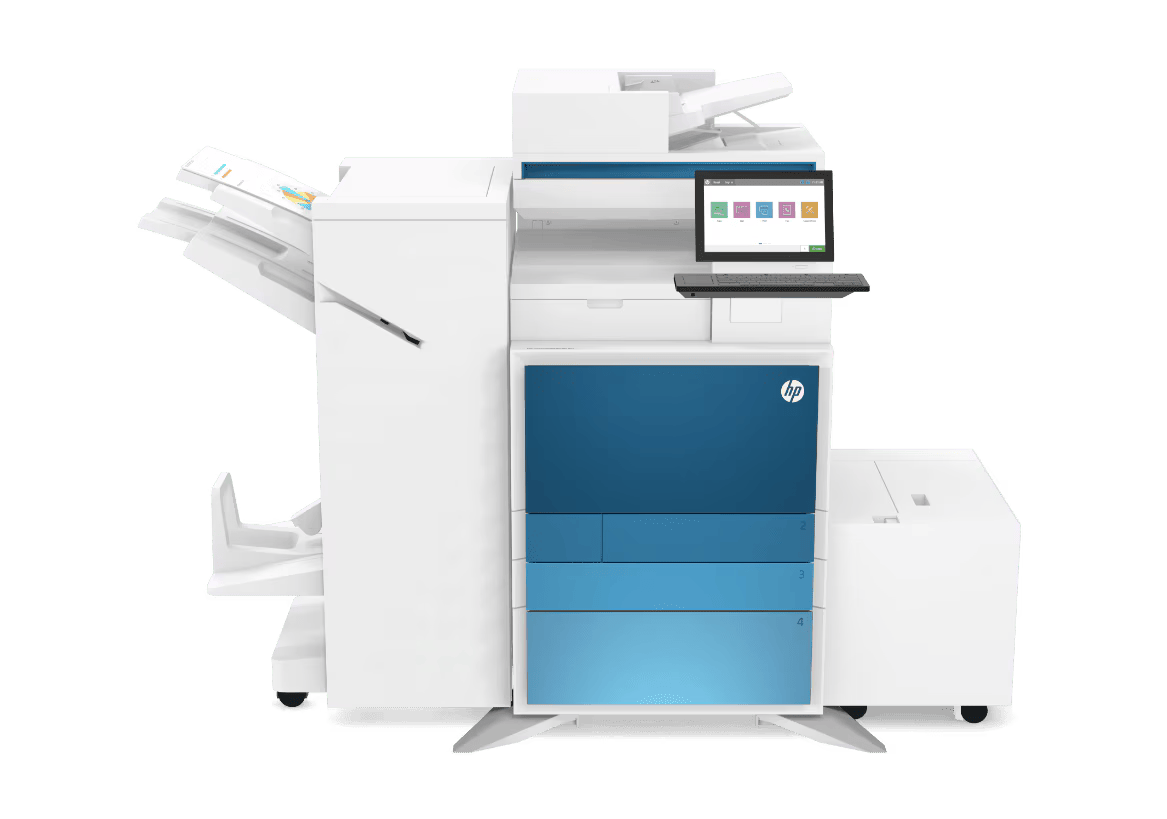 A modern White HP multifunction photocopier with a blue front panel and a computer screen attached, set against a plain background.