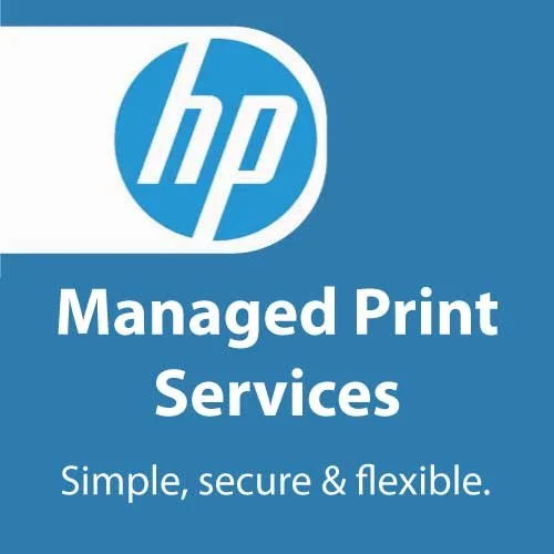 HP logo with text advertising Managed Print Services and describing them as simple, secure, and flexible.