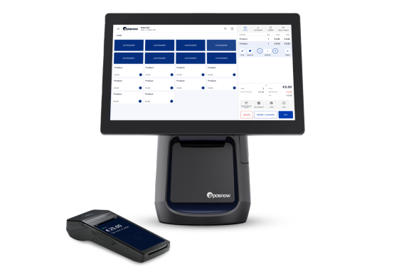 A touchscreen point-of-sale system with a card reader, displaying a sales interface.