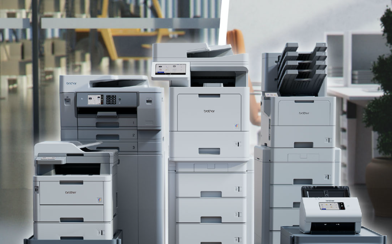 A collection of vBrother's modern multi-function printers and copiers in an office setting.