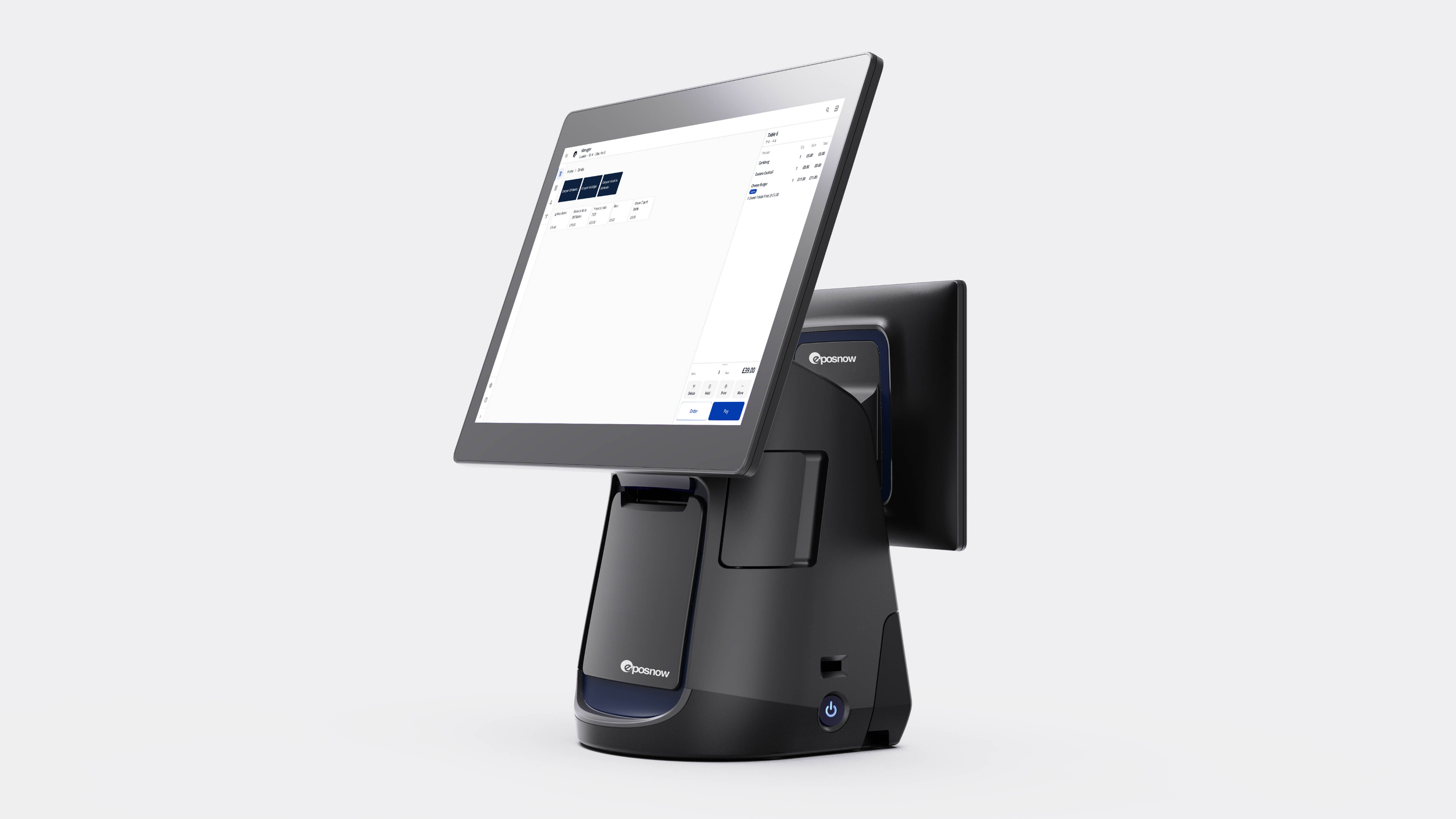 A modern point-of-sale terminal with a large touchscreen monitor displaying a sales interface, a built-in printer, and a small secondary screen on the back.