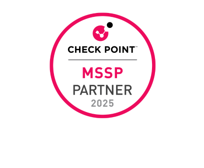 Circular badge with pink outline, featuring a magnifying glass icon and the text 'CHECK POINT MSSP PARTNER 2025' in pink and white.